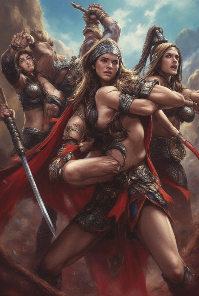 Excellent HD 8K Women's Classic Art Barbarian Comics, Sonja, the warrior Barbara, cabelos longos ondulados, cor ruivo, voluptuosa mulher, Slender and athletic body, usando trajes femininos de batalha,, ,no campo de batalha empunhando a sua espada contra seus inimigos ferozes