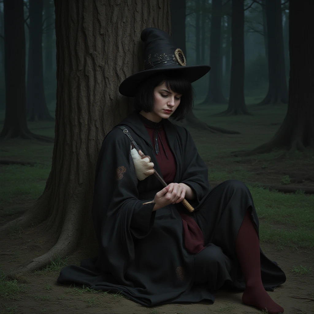  beautiful  childish little witch girl in a forest.her wearing very big dark color witch hat. her tits is very tiny. a big  inserted her .her expression is cry.