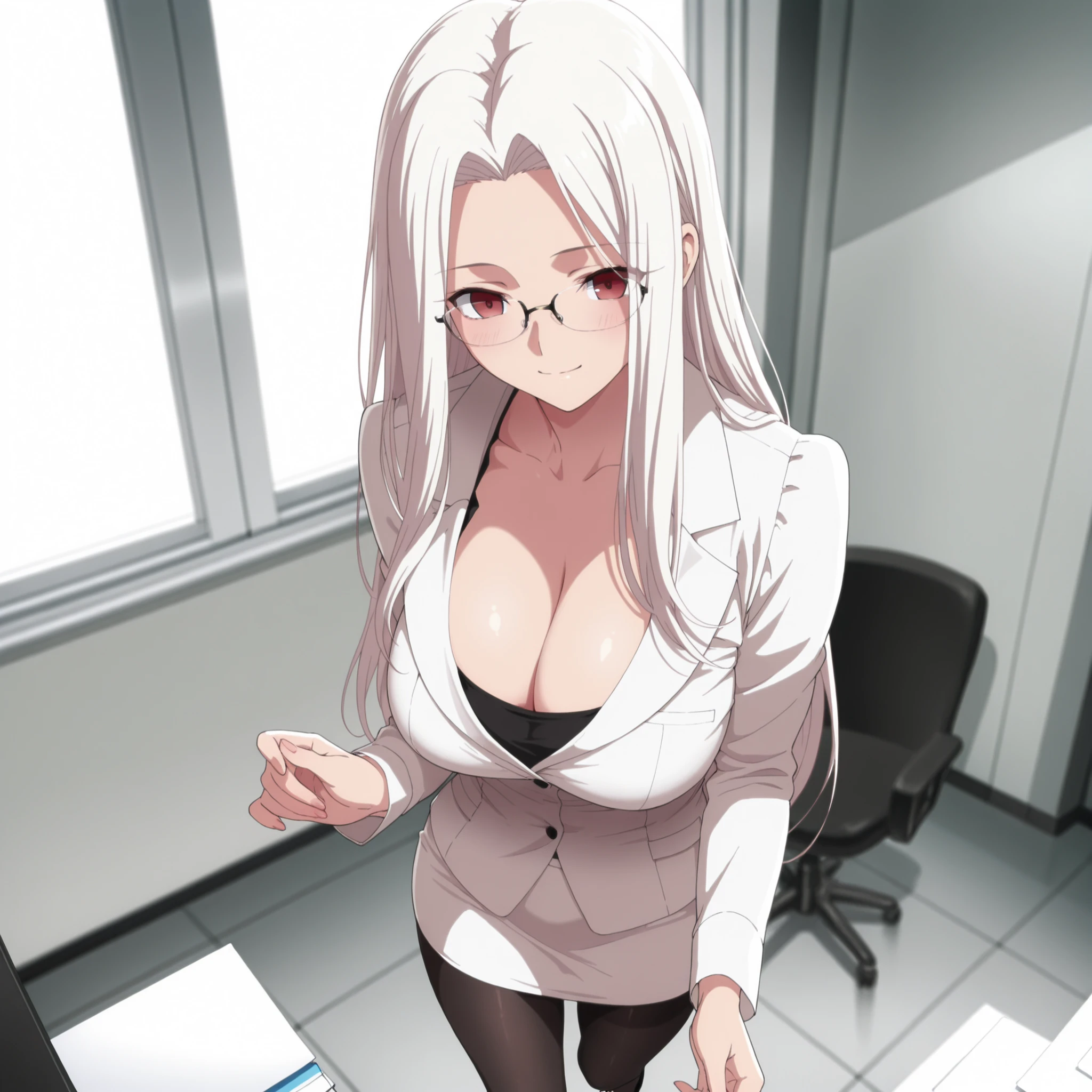4k,masterpiece, highly detailed,solo, woman, voluptuos body, , soft smile, red eyes, tight office outfit ,cleavage ,glasses, front shot, full body, elegant office place