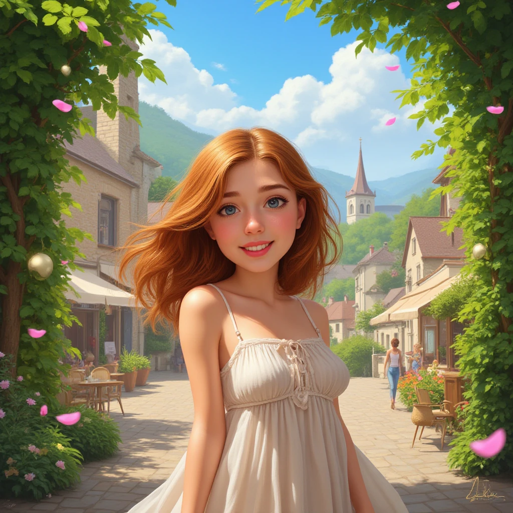 A realistic cartoon woman with long wavy reddish brown hair, hazelnut-colored eyes, with long sleeve turtleneck sweater and flowing white long skirt . The background is a blue lake with a snowy mountain on top .