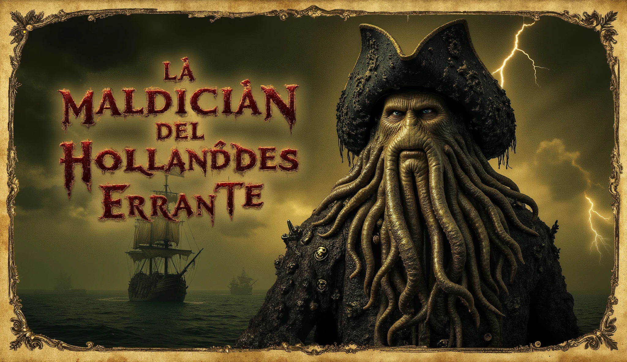 Epic cinematic YouTube thumbnail, dark sepia engraved vintage style, old parchment texture background, dramatic chiaroscuro lighting, terrifying Davy Jones with glowing eyes and tentacle beard emerging from supernatural fog, ghostly Flying Dutchman ship with tattered sails in background, bold Gothic typography text overlay "LA MALDICIÓN DEL HOLANDÉS ERRANTE" in blood red and gold, dramatic composition split between monster captain and cursed ship, atmospheric storm and lightning, Pirates of the Caribbean aesthetic, heavy vignette edges, aged paper borders, skull and crossbones decorative elements, 1920x1080 resolution, high contrast for mobile viewing, clickable and mysterious mood, professional YouTube thumbnail design, baroque horror maritime style, face clearly visible for emotional impact, 8k quality