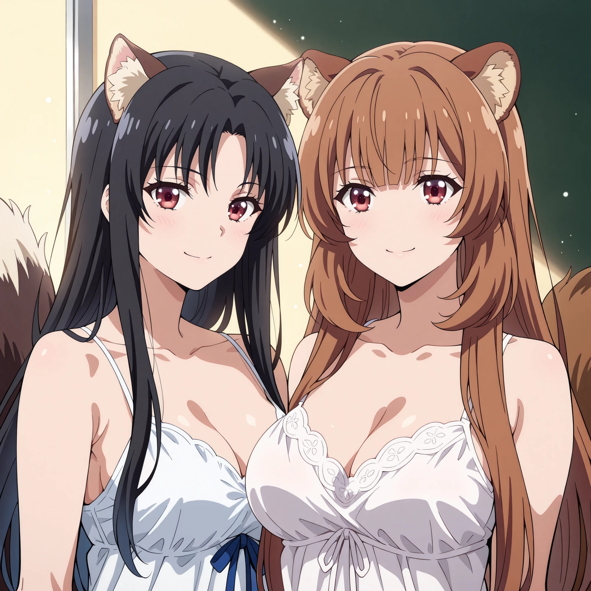 Two women pose together to a lake illuminated by the moon. Horikita Suzune (Classroom of the Elite) black hair, Red Eyes brillantes y una figura slender con pechos medianos a grandes, smiling with a safe and seductive expression. Next to her is Raphtalia (the rising of the shield hero), with her soft orange hair, Red Eyes, fluffy ears and fluffy tail; slender, with a similar bust, showing a complicit smile.
Both wear sexy low-cut white nightgowns
Your moist skin reflects bluish flashes under the moonlight; the environment is filled with humid air, a soft haze and luminous particles floating around. The scene transmits a playful and subtle tension provocative, with mischievous looks and complicity between the two.
ultra detailed anime style, dramatic lighting, impeccable finish, 4K resolution, masterpiece quality. moist and realistic skin.