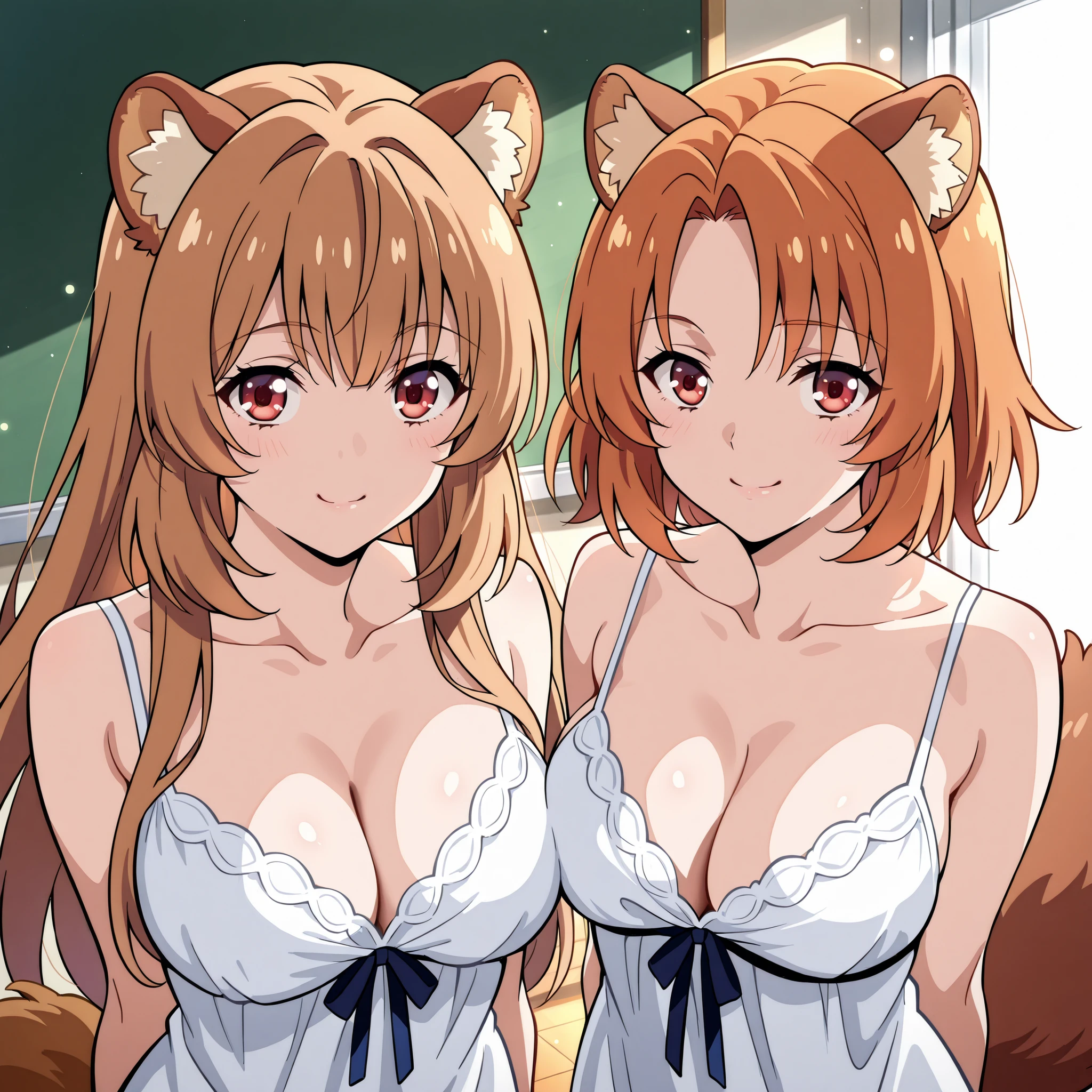 Two women pose together to a lake illuminated by the moon. Horikita Suzune (Classroom of the Elite) with her soft orange hair, Red Eyes, fluffy ears and fluffy tail; slender, with a similar bust, showing a complicit smile. y una figura slender con pechos medianos a grandes, smiling with a safe and seductive expression. Next to her is Raphtalia (the rising of the shield hero), with her soft orange hair, Red Eyes, fluffy ears and fluffy tail; slender, with a similar bust, showing a complicit smile.
Both wear sexy low-cut white nightgowns
Your moist skin reflects bluish flashes under the moonlight; the environment is filled with humid air, a soft haze and luminous particles floating around. The scene transmits a playful and subtle tension provocative, with mischievous looks and complicity between the two.
ultra detailed anime style, dramatic lighting, impeccable finish, 4K resolution, masterpiece quality. moist and realistic skin.