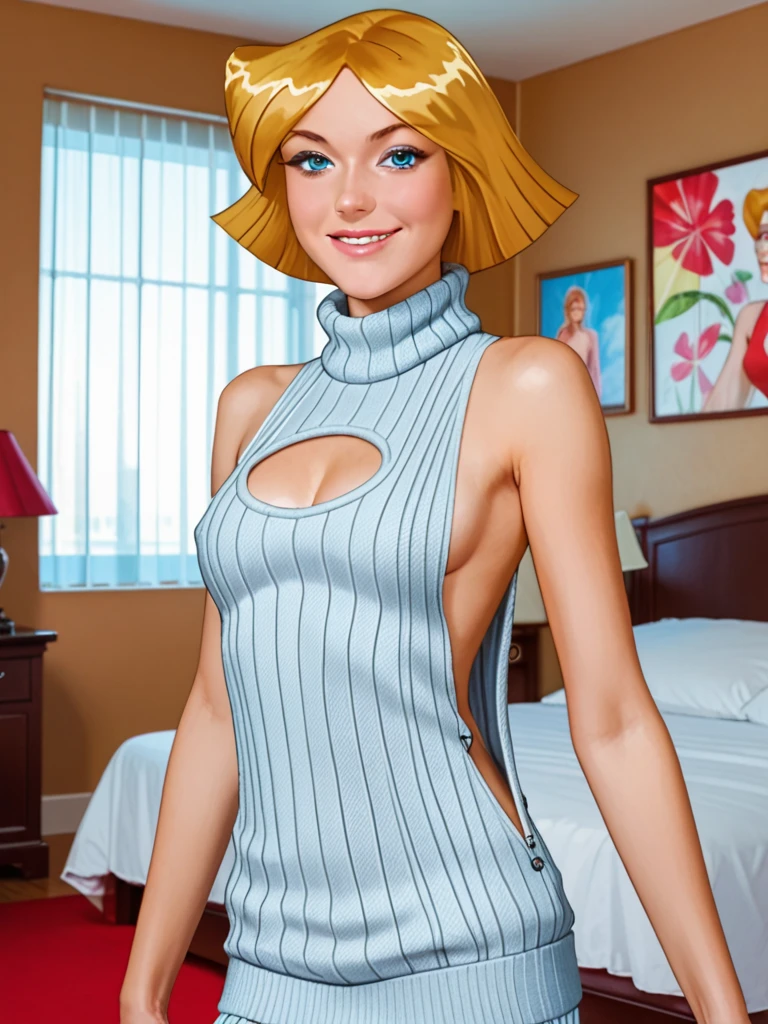 Hot blonde girl, with short hair, blue eyes, Wearing a pink strapless dress, with  shoulders and long sleeves, short dress Showing your thighs 