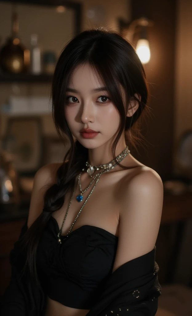 1girl, alone, solitary, high quality, (best quality,4k,8k,highres,masterpiece:1.2),ultra-detailed,(realistic,photorealistic,photo-realistic:1.37),gorgeous hair,black hair,long straight hair with bangs,sharp eyes,mole under the eye,plump lips,jewelry,(high detailed skin:1.4),(rim lighting:1.3),(lit:1.3),(sunny day:1.3),portrait,beautiful lips,waist-length hair, gaze,moles,casual clothes,colorful clothing,close up,super long hair,choker necklace,tattoos,tattooed,light eyes,bangs,fringe,20 year old,dimples on the cheeks,dimples,black hair,darkblackhair,dark jet black hair,black,dark hair,beautiful smile,perfect teeth,straight teeth,perfect sized teeth,dazzling smile,red lips,red lipstick