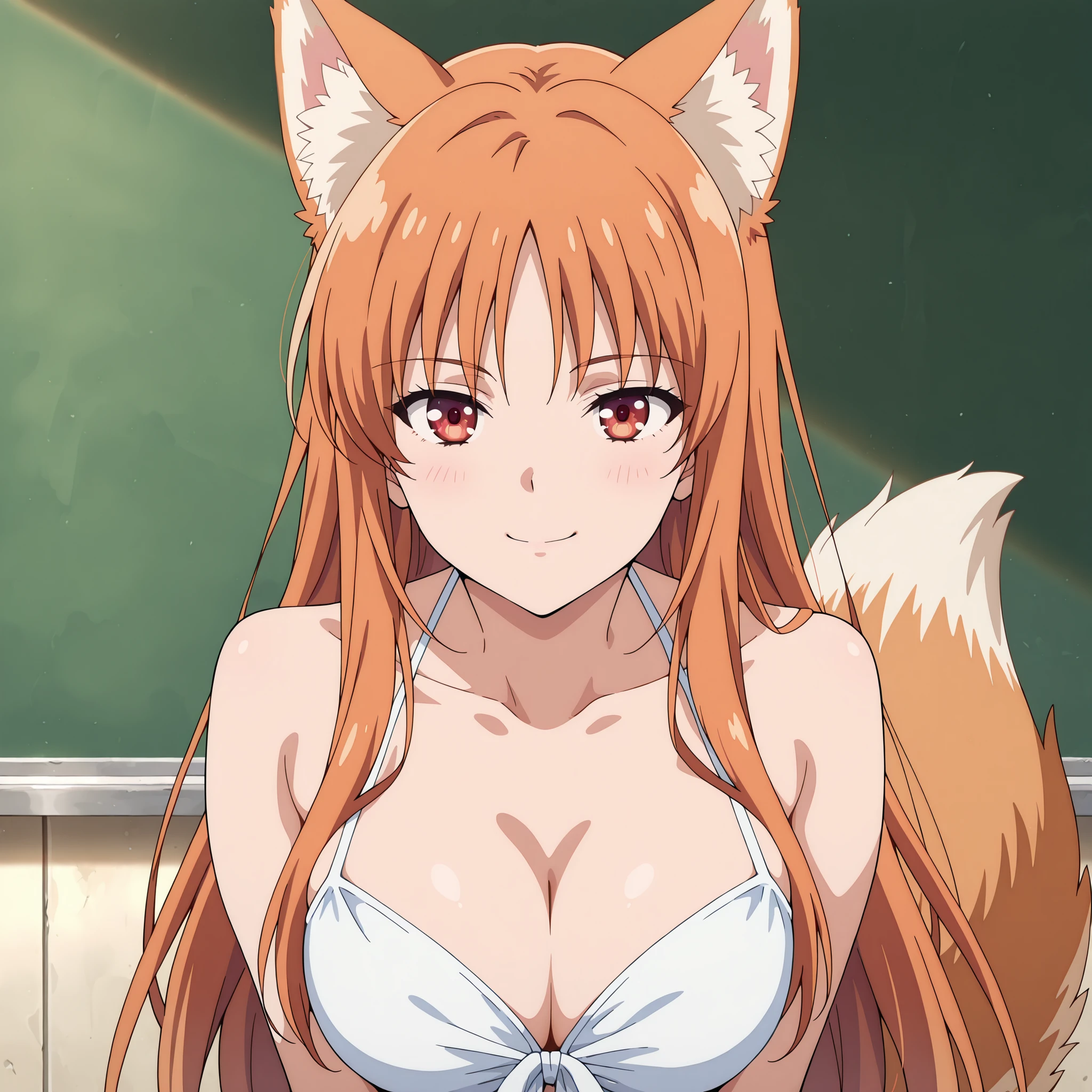  Horikita Suzune (Classroom of the Elite) with her soft orange hair, Red Eyes, fluffy ears and fluffy tail; slender, with a similar bust, showing a complicit smile. y una figura slender con pechos medianos a grandes, smiling with a safe and seductive expression.  Background a beach.  Ultra-detailed anime style, dramatic lighting, impeccable finish, 4K resolution, masterpiece style. realistic, moist skin.oist and realistic skin.