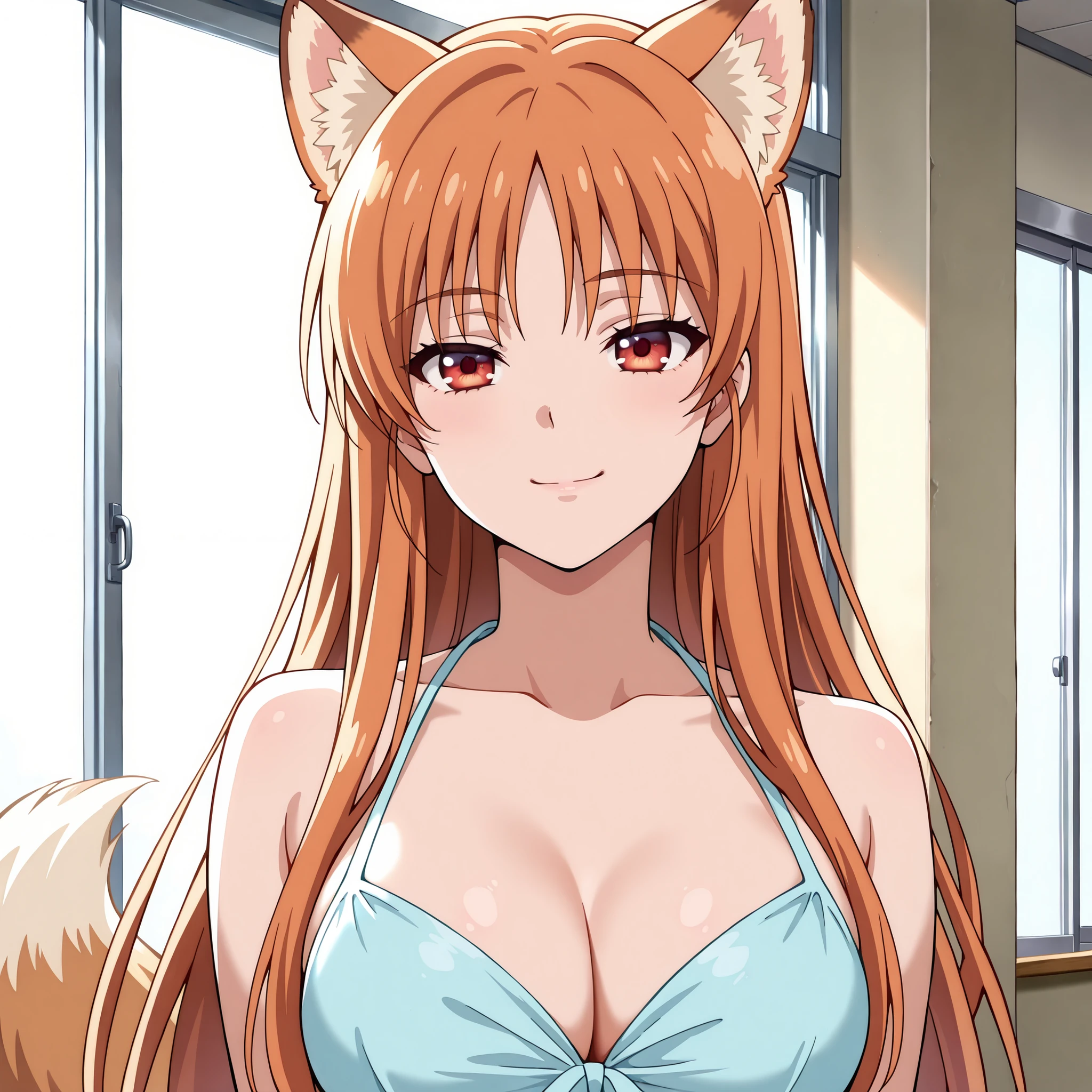  Horikita Suzune (Classroom of the Elite) with her soft orange hair, Red Eyes, racoon fluffy ears and fluffy tail; slender, with a similar bust, showing a complicit smile. y una figura slender con pechos medianos a grandes, smiling with a safe and seductive expression.  Background a beach.  Ultra-detailed anime style, dramatic lighting, impeccable finish, 4K resolution, masterpiece style. realistic, moist skin.oist and realistic skin.