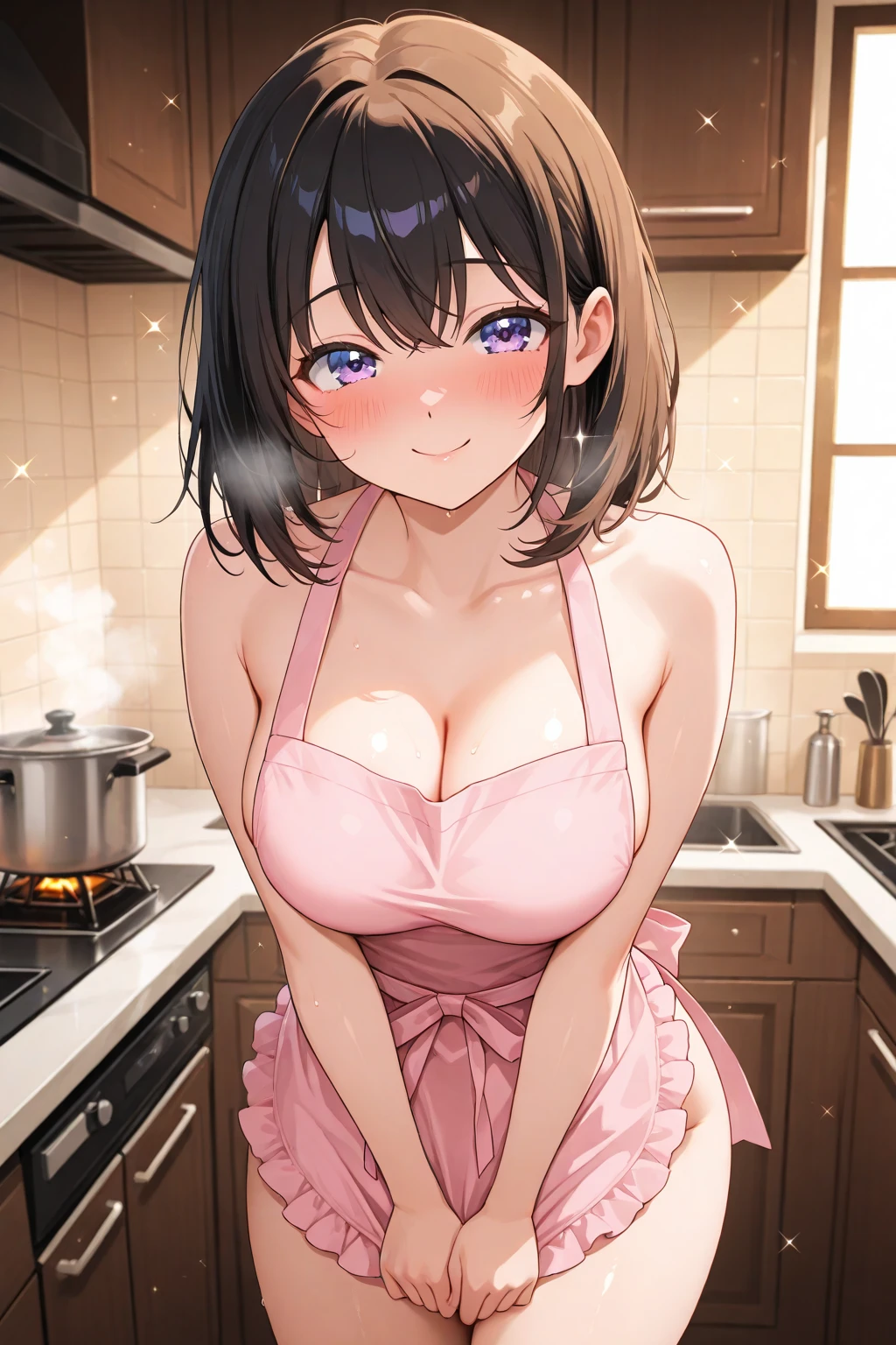 ((Tabletop, Highest quality, High resolution, , Pixel Perfect, 4K,))), One beautiful woman, private teacher、The whole body is visible、 ((Mid-wave hair, bangs, Brown Hair)), ((Brown eyes, Beautiful eyelashes, Realistic eyes)), ((Detailed face, Blushing:1.2)), ((Smooth texture:0.75, Realistic texture:0.65, Realistic:1.1, Anime CG Style)), Medium size ?????, Dynamic Angle, Perfect body, (( , ,  、White frilly apron, ??????、))、Cooking in the kitchen、、I can see all your pants、Very embarrassing panic smile, 、、、、(Pink floral lace panties are visible、)、Angle from below)、