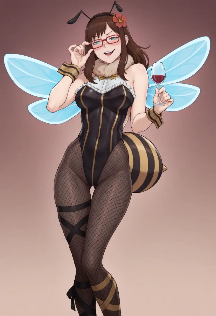 masterpiece, best quality, <lora:Degen_Honeybee_Illustrious_v1-000009:1> 1girl, aged up, mari-end, red-framed eyewear, large glasses, looking to side, brown hair, blue wings, highleg leotard,antennae, wrist cuffs, skinny, alcohol, leg ribbon, fur collar, hair flower, holding wine glass, finger to mouth,  shoulders,  <lora:Degen_Mari_End_Illustrious_v1:.6>  blush, cowboy shot, cleavage, talking, open mouth:.5, parted lips, white background, anime, gold stipes, leg ribbon,
