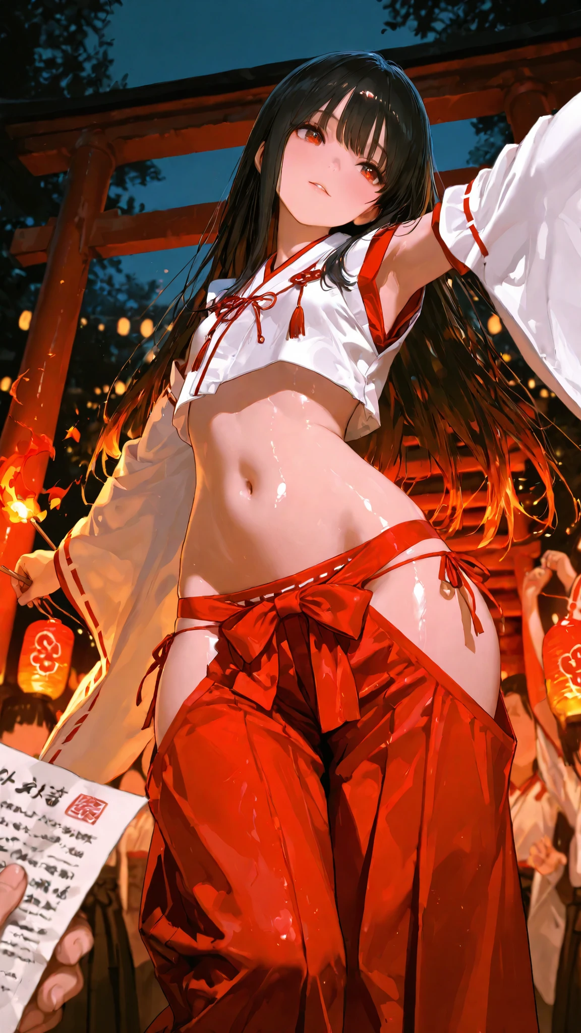 top quality, Picture, in fine detail, young shrine maiden, Authentic shrine maiden costume, long black hair, traditional white and red costume, reach forward to the camera, Direct line of sight, Night Fire Festival, The dancing flames are shining on her face from below, Sacred Torii Seen from Behind, Soft Focus Festival Crowds, lantern in the other hand, Immersive First-Person Perspective, Japanese cultural celebration,wide hips,Hakama, face focus, tilt your neck, glossy skin, belly button