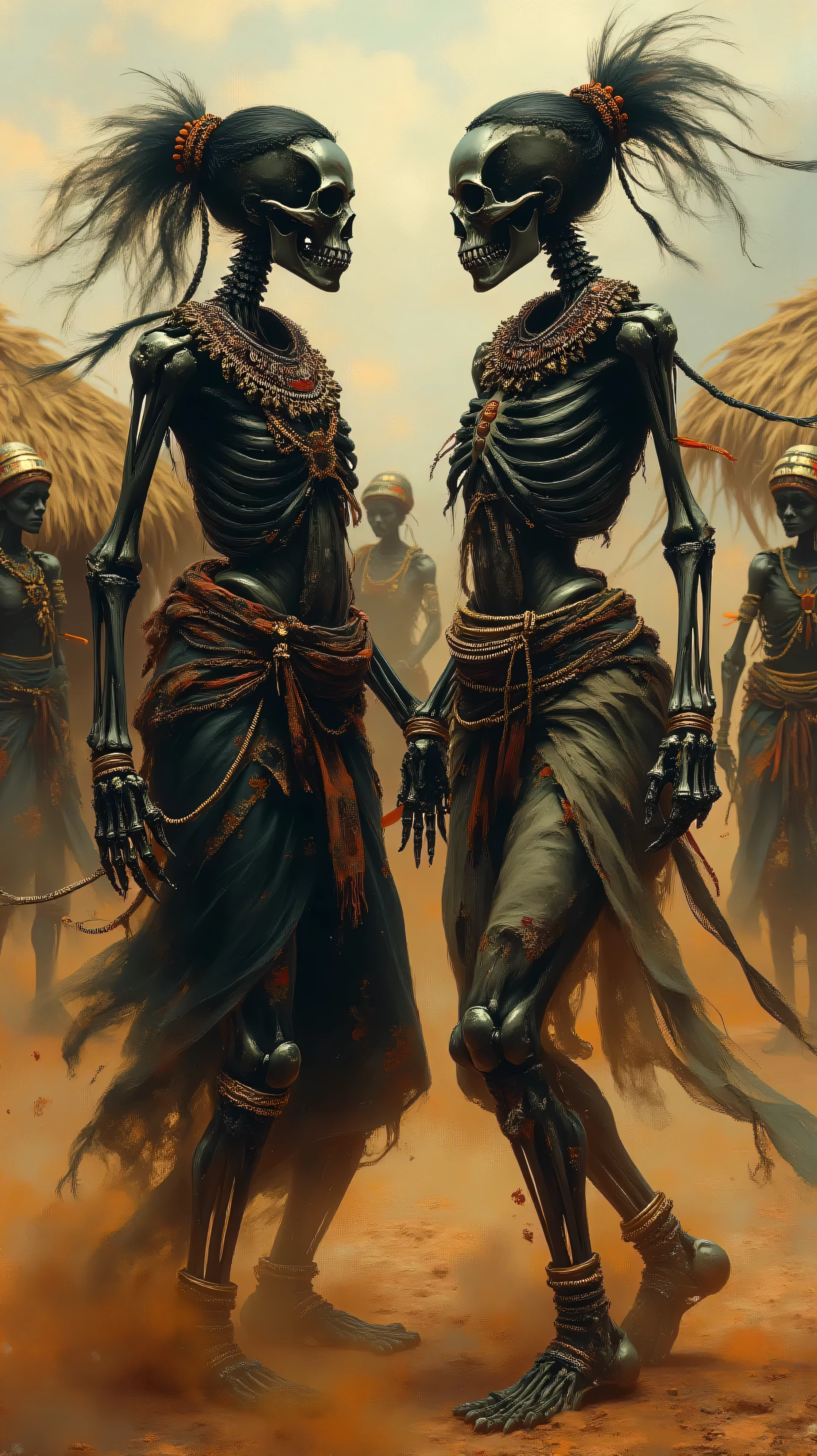 Hyper-realistic digital art, ultra high resolution, 8K, photorealistic, highly detailed. Two female skeletons dancing a traditional African dance together in a desert village, each wearing distinct traditional tribal attire:
First skeleton: Elaborate beaded collar, geometric-patterned fabric wrap around the waist, metal wrist cuffs, and a headpiece with feathers and shells.
Second skeleton: Layered necklaces of seeds and bones, draped cloth with dyed patterns, ankle rings with bells, and a braided hair accessory with beads.
Both skeletons face the camera mid-dance, movements synchronized yet unique, kicking up dynamic clouds of dust and sand. Straw huts with thatched roofs surround the scene under a golden desert sunset. Other tribal skeletons observe from a distance. Sunlight emphasizes dust particles and textures (bones, fabrics, jewelry). Sharp focus, cinematic depth, cultural authenticity."