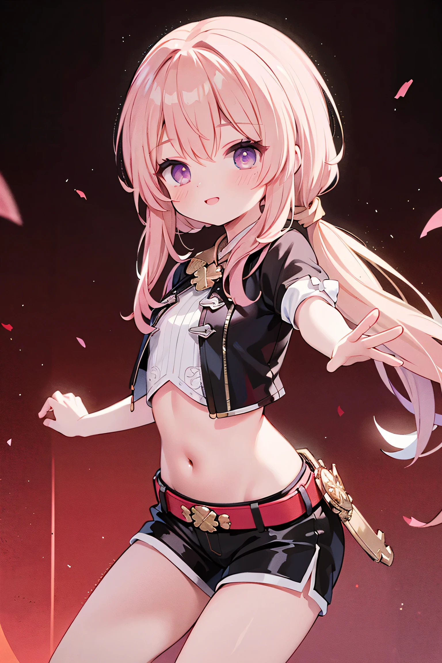 best quality ，Ultradetailliert ， nice face ， Meisterwerk、 Meisterwerk, erstklassig, 
Meisterwerk, best quality, amazing quality, (Genaue Stil), (detailed face), Genaues Gesicht, Treffende Augen, Genaue Farben, detaillierte Augen, Rumi kpop, only 1 very long purple braided braids,pony, braune Augen,  1 girl, Allein, 3d, plain yellow jacket with crop cut, schwarze Shorts, Bauch, red belt, white crop top, Stiefel, has golf clubs in the right hand,spielt Golf, very dynamic pose, very dramatic perspective, Cowboy-Schuss, hellblaues Crop-Top, on stage,Watch viewers directly, very sweet smiling,looks directly at the viewer, happy smile, Elegant,   very thin legs, dark background narrow  , schmale Beine, , extrem detailliert,  best quality ，Ultradetailliert ， nice face、 Meisterwerk, erstklassig, 1 girl in, best quality , 1 girl dark background