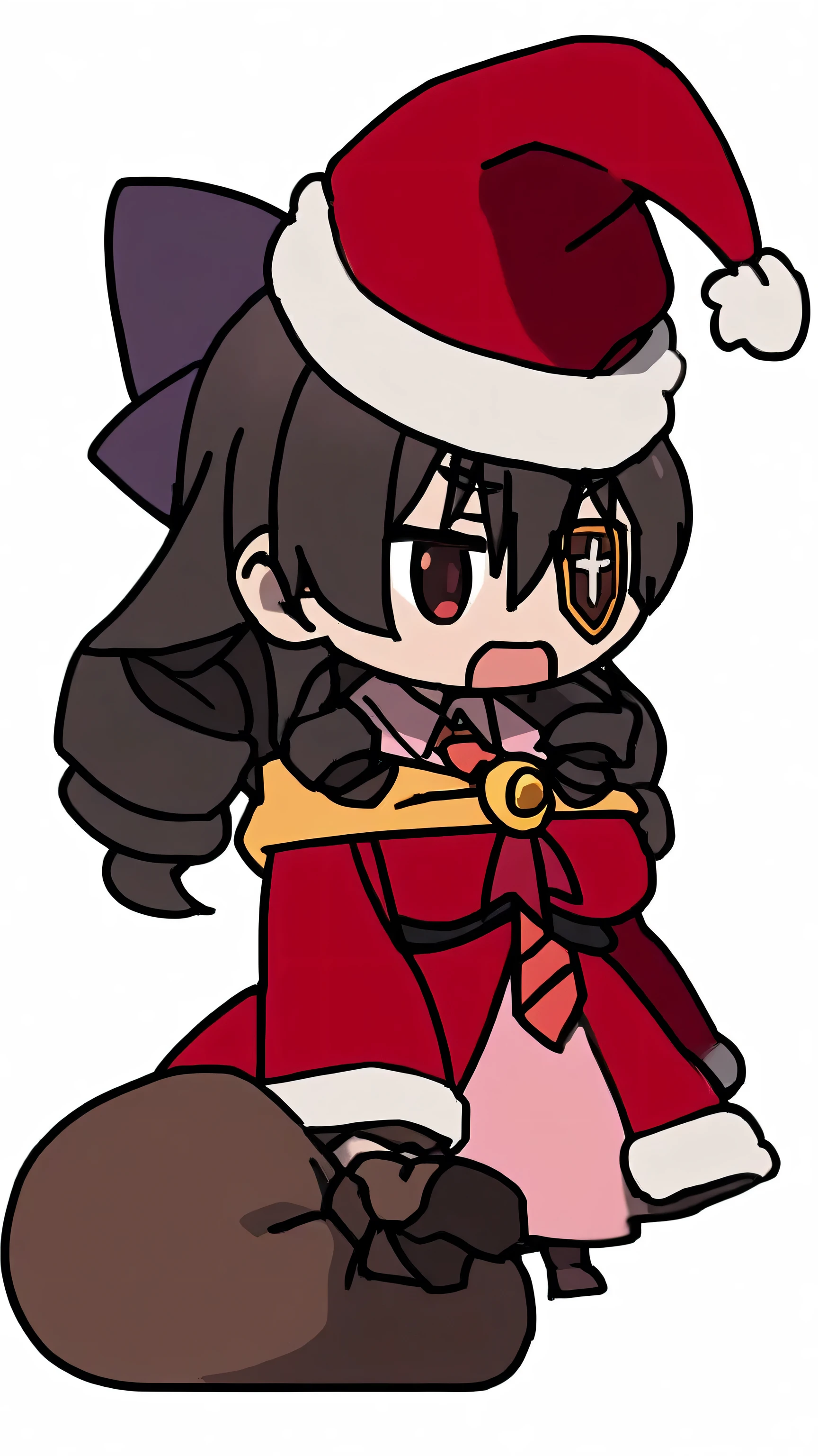 anime coloring, Give your images flat even illumination (negative) or dramatic chiaroscuro lighting (positive),,I, solo, Arue-Liver020, arue /(konosuba/), arue (konosuba),
1girl, solo, red eyes, hair between eyes, hair ornament, long hair, bow, black hair, drill hair, sidelocks, bangs, purple bow, hair bow, hair ribbon, large breasts, breasts, big breasts, huge breasts, eye patch, eyepatch,1girl,solo,角色名,holding sack,alternate costume,santa costume