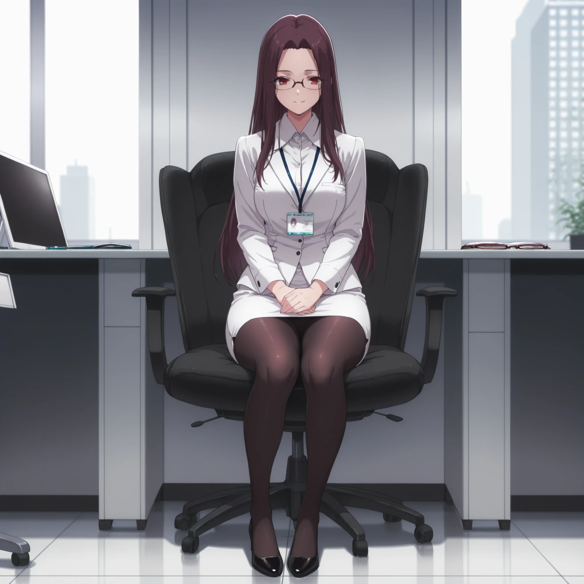 4k,masterpiece, highly detailed,solo, woman, soft smile, red eyes, tight office outfit ,glasses, front shot, full body,