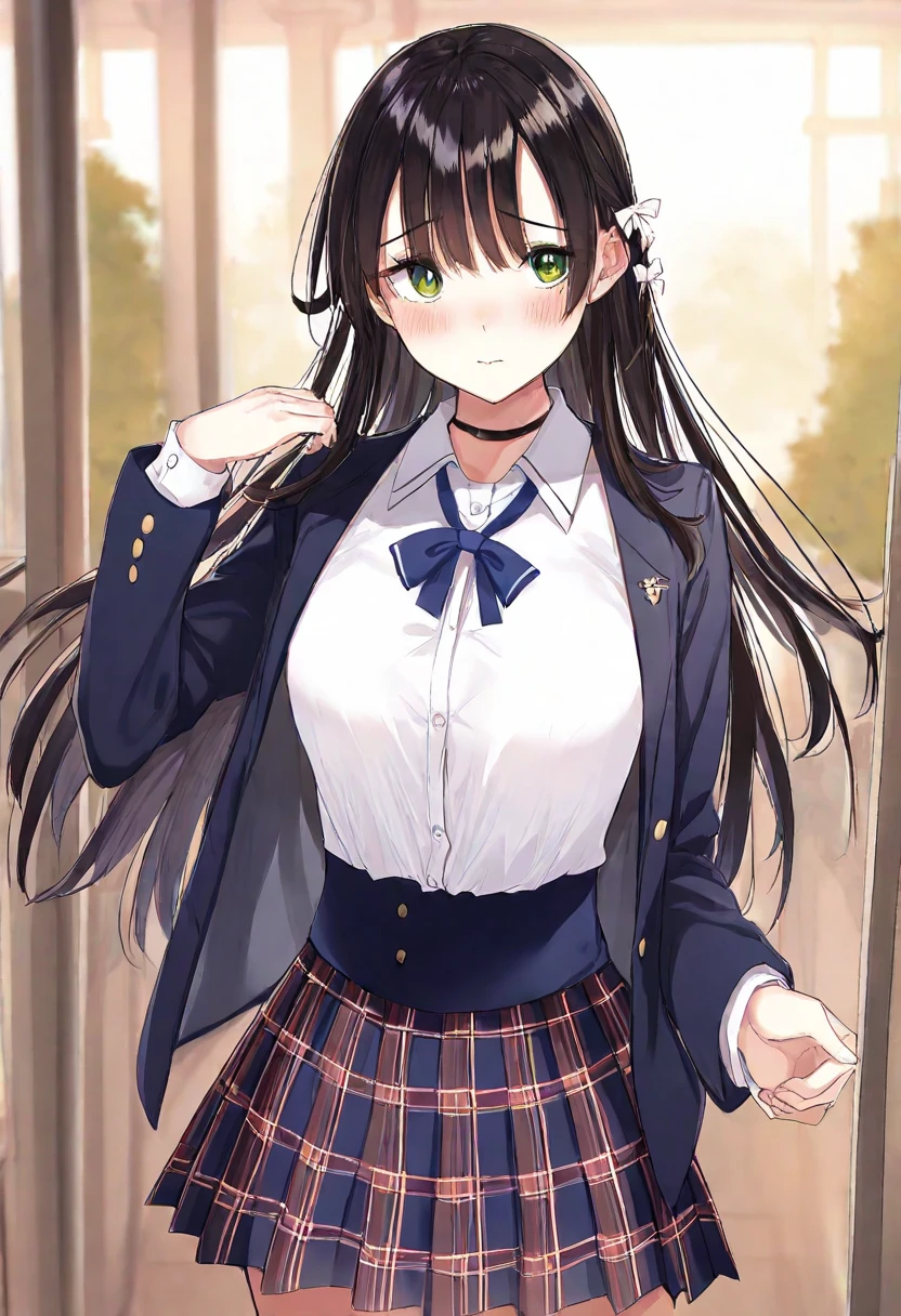 ultra-detailed、(8k, RAW photo, best quality, masterpiece:1.2), (extremely detailed 8k wallpaper),illustration、professional lighting,sharp focus, depth of field、
、clear eyes、perfect anatomia、girl with、12year old、school uniform, blazer, school,, short skirt,Close-up on face,hair adornments、imminent kiss,