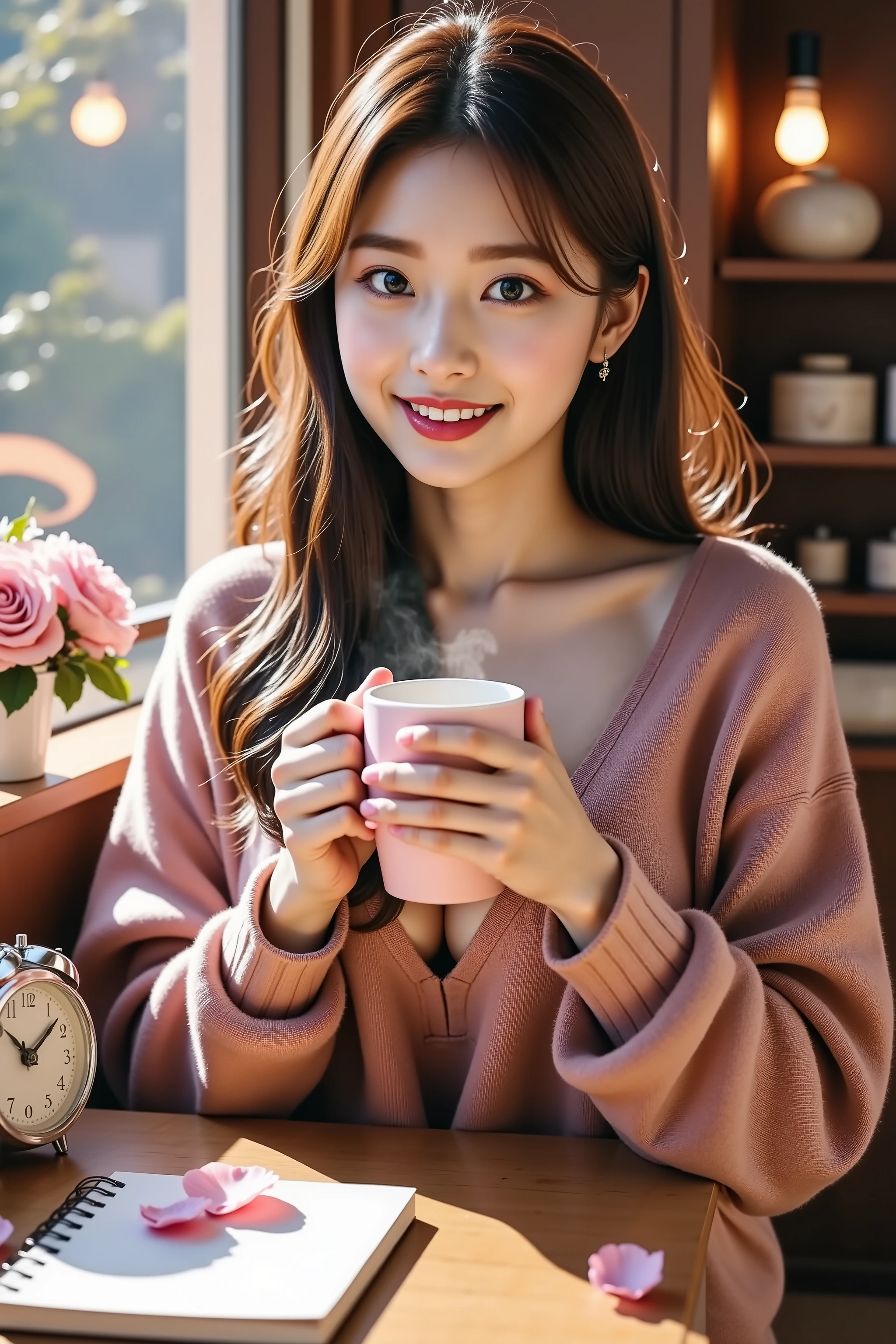 A portrait of a beautiful Asian woman (mid-20s, like Erika Kanzaki), gently smiling and holding a steaming, pale pink ceramic mug with both hands.Setting: Cozy winter morning, sitting by a window bathed in soft, warm daylight. The woman is wearing a soft, chunky knit sweater in dusty pink. Her long brown hair has subtle pink highlights or a pink ribbon.Composition/Style: Soft-focus, cinematic lighting, shallow depth of field (bokeh). Dominant color palette: Pale pink, cream, and soft gold. A romantic and gentle atmosphere.Details: Include small details on a wooden table beside her: a few rose petals, an open notebook, and a small vase of delicate pink roses. High quality, photorealistic, ultra detail.