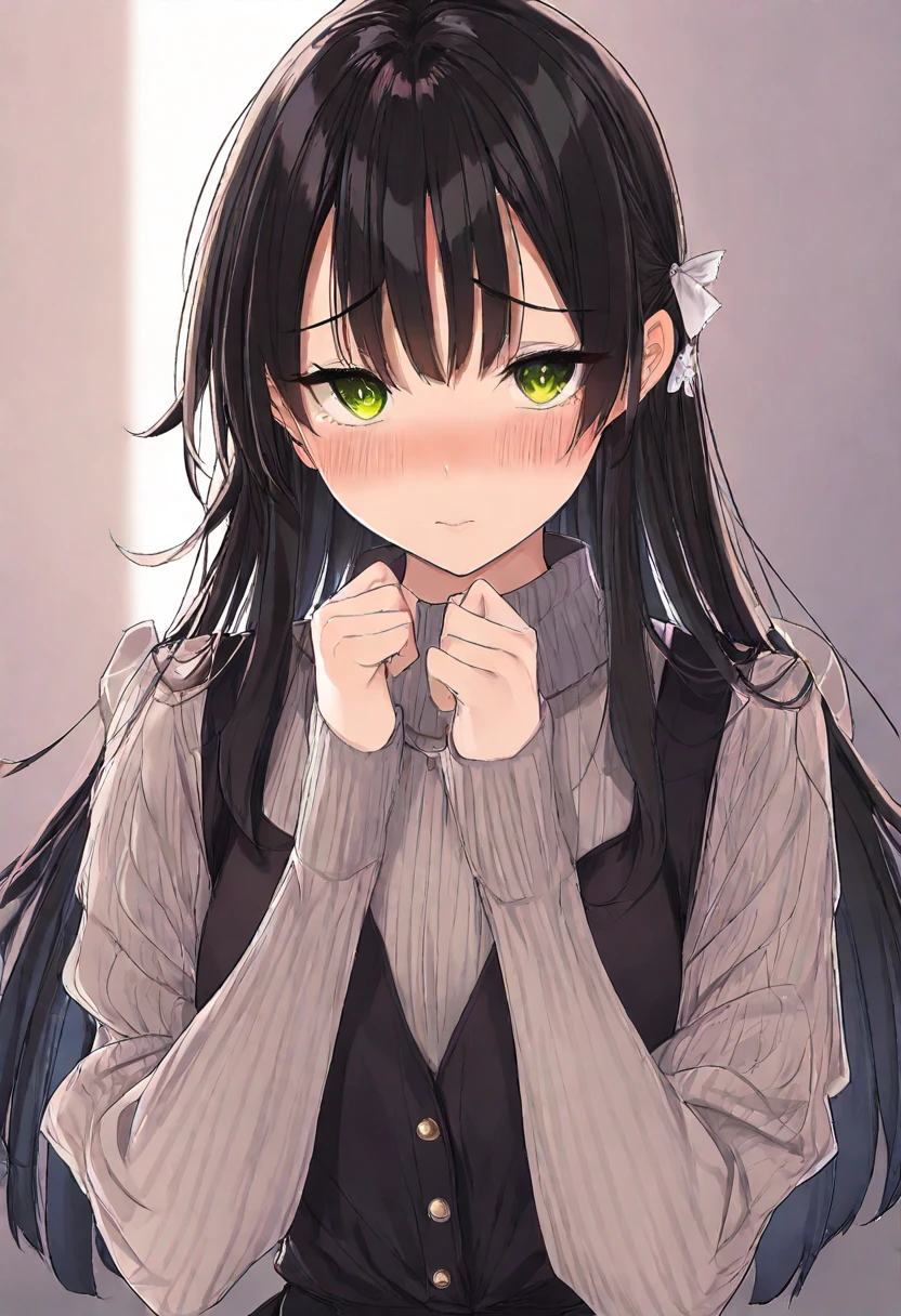 ((Best Quality)), ((anime)), ((a little tender)), 1 girl, with a nice green sweater, not so dark black hair, green eyes almost gray, with cat ears