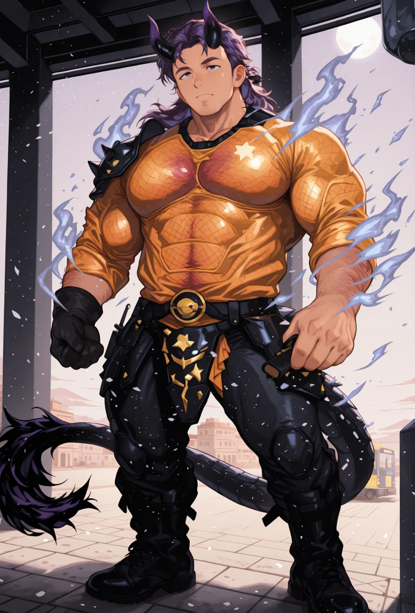 ,hmb,hairy male,leg hair,arm hair,chest hair,navel hair,hairy balls,It features impressive anime-style depictions of a male warrior with bright purple hair and horns that gradate from black to purple, girl's accurate foot pose. He wears an elaborate costume of white and black armor with gold accents, I can see the skin on his shoulders and upper thighs. his expression is calm but determined The, with purple eyes.  on each hand of the city bus , he holds a closed fan, からDownに伸びており、Dramatic Backgrounds. Behind him , Large, the overall mood is powerful and mysterious, Star-studded Night Sky, from the back of their legs, their blades frame. Down, horizon shines in warm colors of sunrise and sunset, when shining a soft light on mountains and buildings in the distance. thin, Scaly tail, the bright full moon dominates the darkness, They are surrounded by curls、matches the dark horn of a warrior. they hold a closed fan.