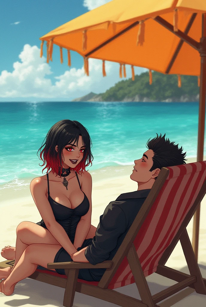 Create for me a couple of boyfriends, a man and a woman, about 30 years old, wearing shorts and a T-shirt, sitting on a deck facing the sea, on a paradisiacal beach, at sunset, toasting with glasses of red wine --auto --s2