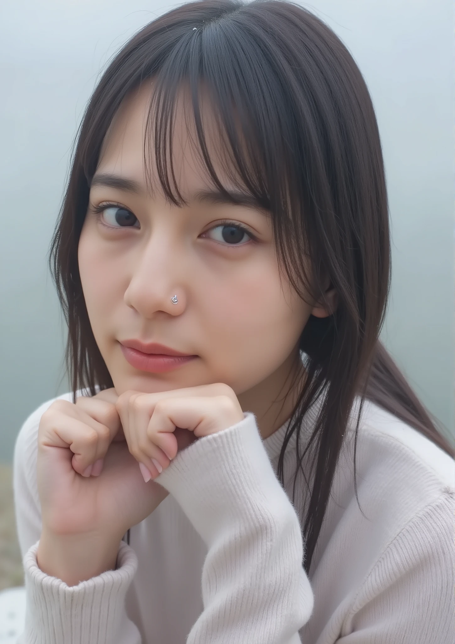 (((1girl,solo))),(very realistic picture, Hi-Res, beautiful face, Full Body,glamorous body) 、Ghost in the Shell Seems Important、Motoko Kusamoto ,Age 32、Photo book shoot、transparency、Powerful pose、gentle smile、from head to thigh on the foggy lakeside、Wear a fitted turtleneck dress