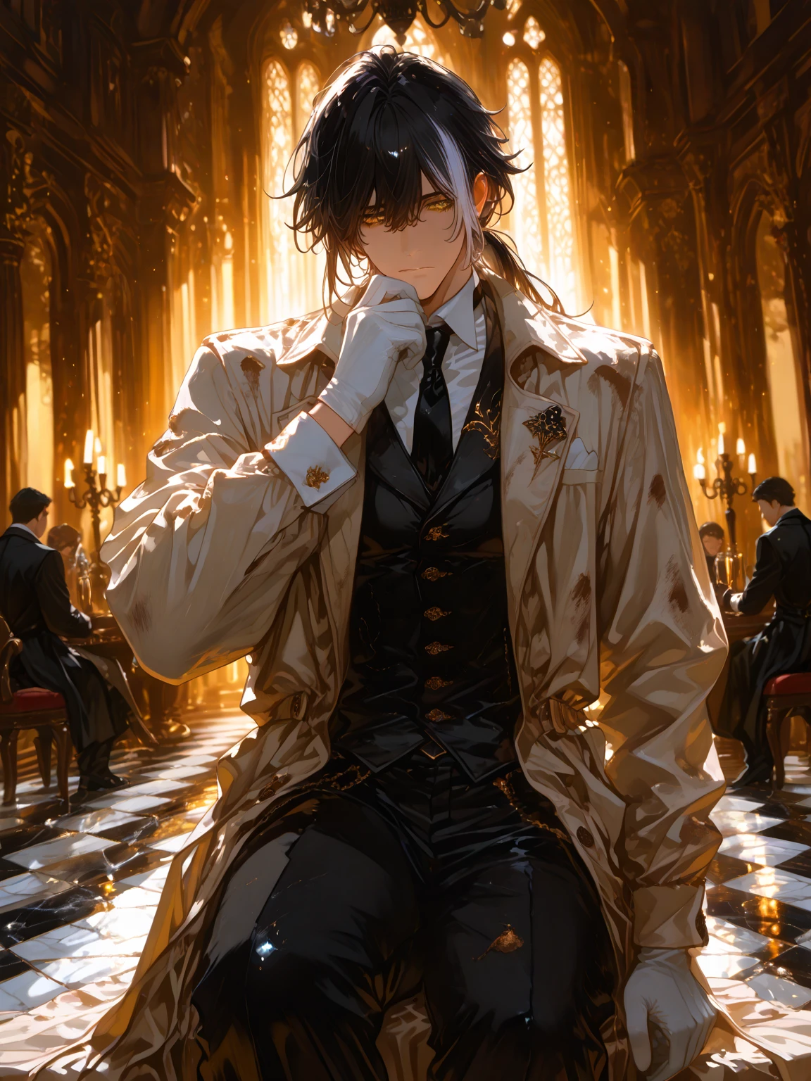 Revival of the Roman Emperor Constantine the Great。Male, 34 years old。Gentle smile。Career List。The gentle yet overwhelming aura of a ruler。honest and kind, however、Cold and solid when you need it.。enthusiastic and talented at work。manly。bright and sharp eyes。Lion-like eyes。wearing a chic high-class suit。Successful businessman。Fluffy short hair。Thin but strong and muscular body。Long body。Relaxing in the hotel lounge。Through a large window, You can see the night view of Istanbul shining like a jewel..。Modern。opulent。elegan。​masterpiece。ultra-quality。