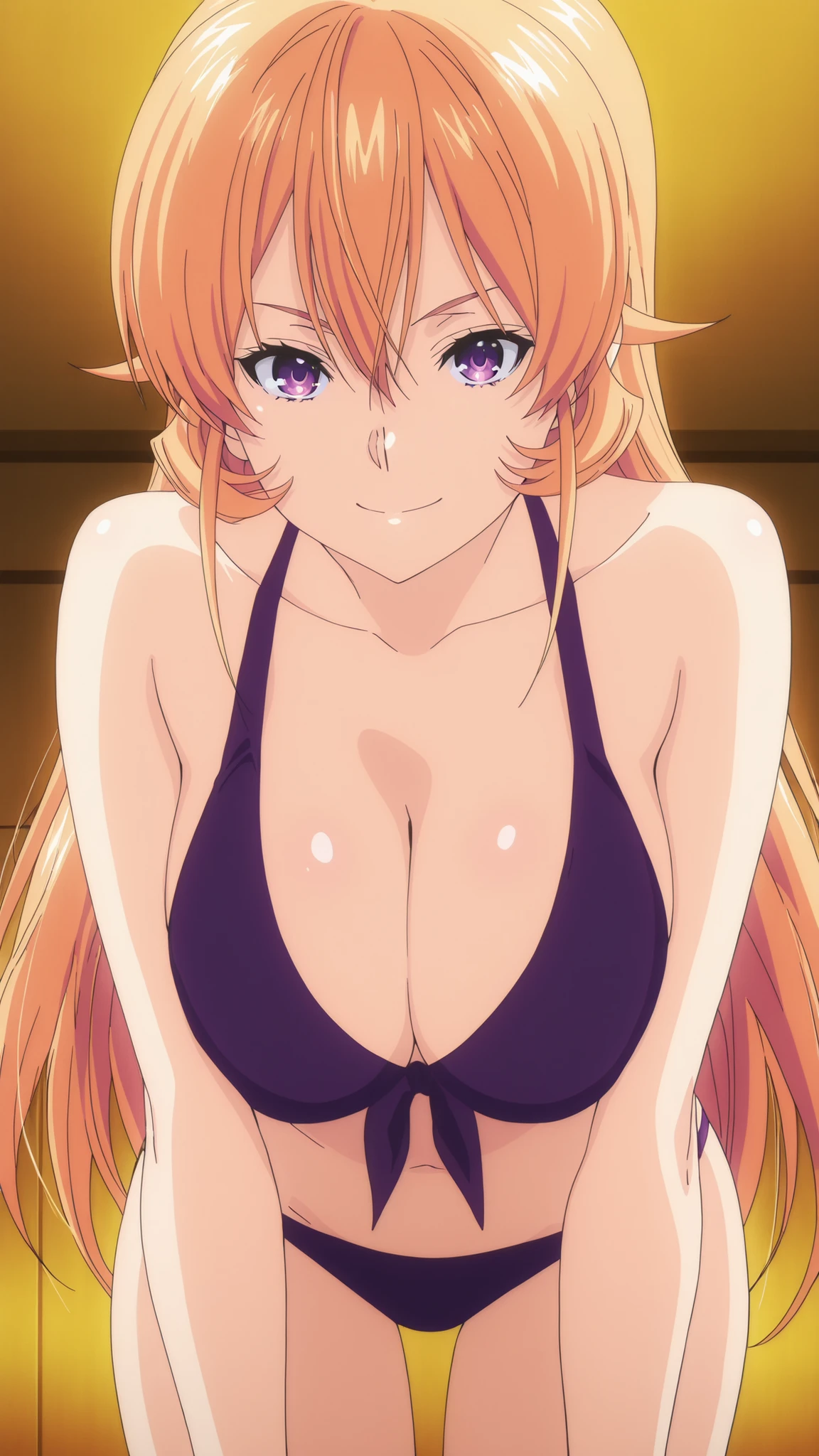anime coloring, source_anime, hires image, masterpiece, best quality, newest, masterpiece, best quality, 4k, 1girl, long hair, orange hair, purple eyes, hair between eyes, swimsuit, bikini, cleavage, long hair, blonde hair, purple bikini, purple eyes, large breasts, front-tie top,,, smile