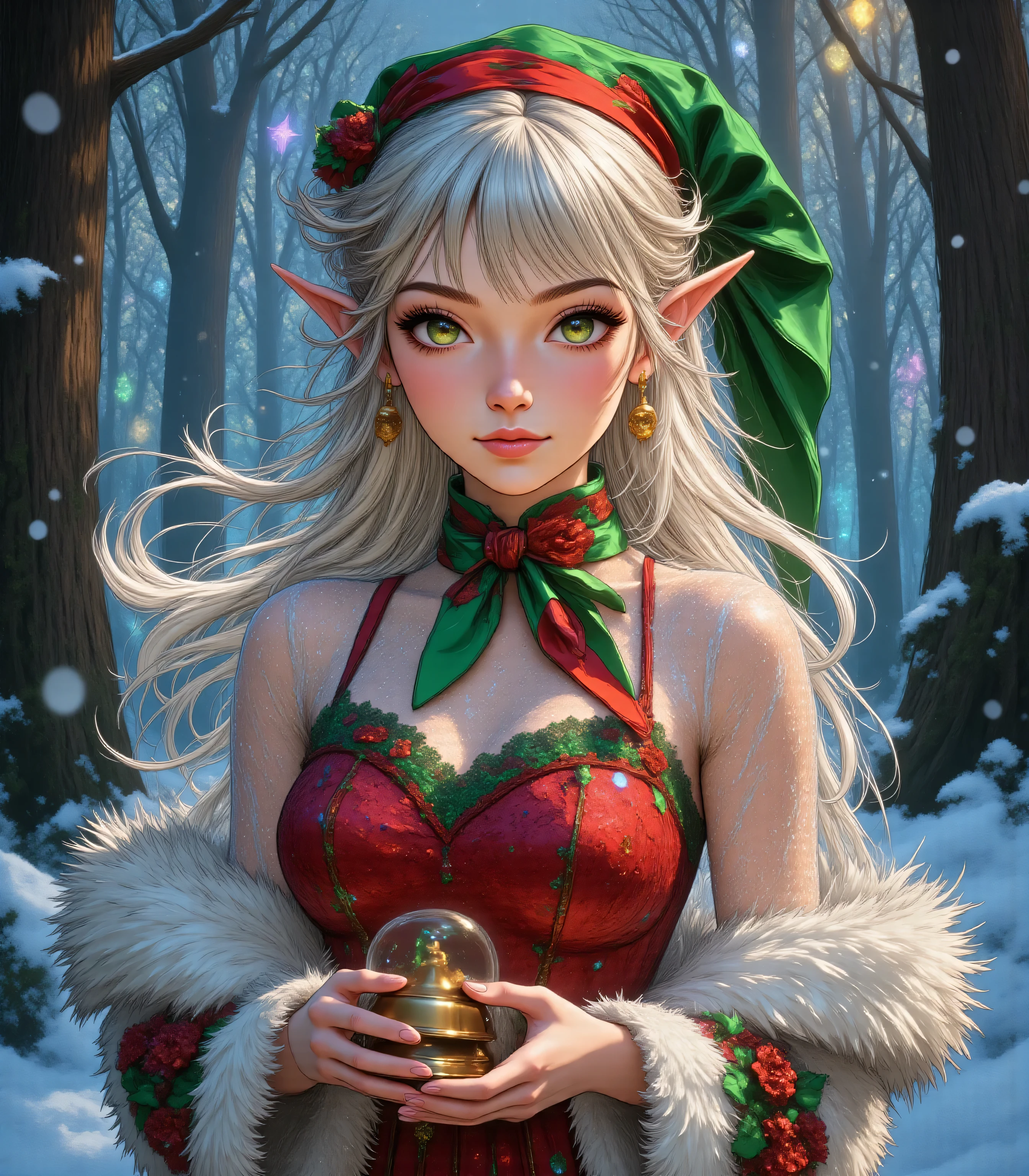 midjourney ,Colorful,realistic cartoon, a beautiful female christmas elf, holding a bell,  standing in forest, cloud of snow flakes swirling around the elf, full body, beautiful elf, long hair strands, wearing lace dress, red and green christmas dress, fantasy forest background, it is dawn the sun rays, sun rays hit the snow flakes, ((high contrast: 1.5),  high details, best quality, 8k, [ultra detailed], masterpiece, best quality, (extremely detailed), dynamic angle, intricate details, 