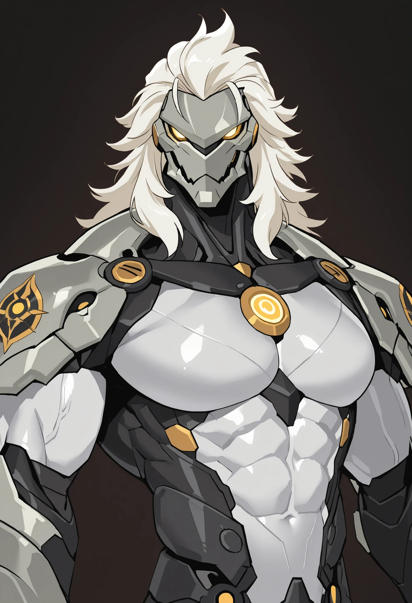 masterpiece, best quality, amazing quality, very aesthetic, humanoid warforged, fantasy, short mane, detailed musculature, muscles made of wires, chest arms and legs coverd by scaly armor, balanced yet muscular physique, thick arms and legs, wide bulky chest, body is a fusion of rubber goo texture and black steel scale, muscle-shaped armor that highlights musculature, mechanical detailed face, simple dark background, portrait, upper body focus