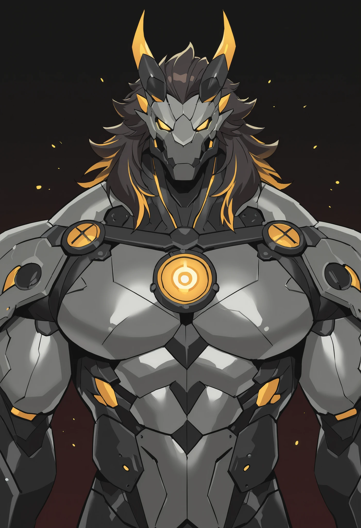 masterpiece, best quality, amazing quality, very aesthetic, humanoid warforged, short mane, detailed musculature, fantasy futuristic body armor, balanced yet muscular physique, thick arms and legs, wide bulky chest, body is a fusion of rubber goo texture and black steel scale, muscle-shaped armor that highlights musculature, mechanical detailed face, simple dark background, portrait, upper body focus