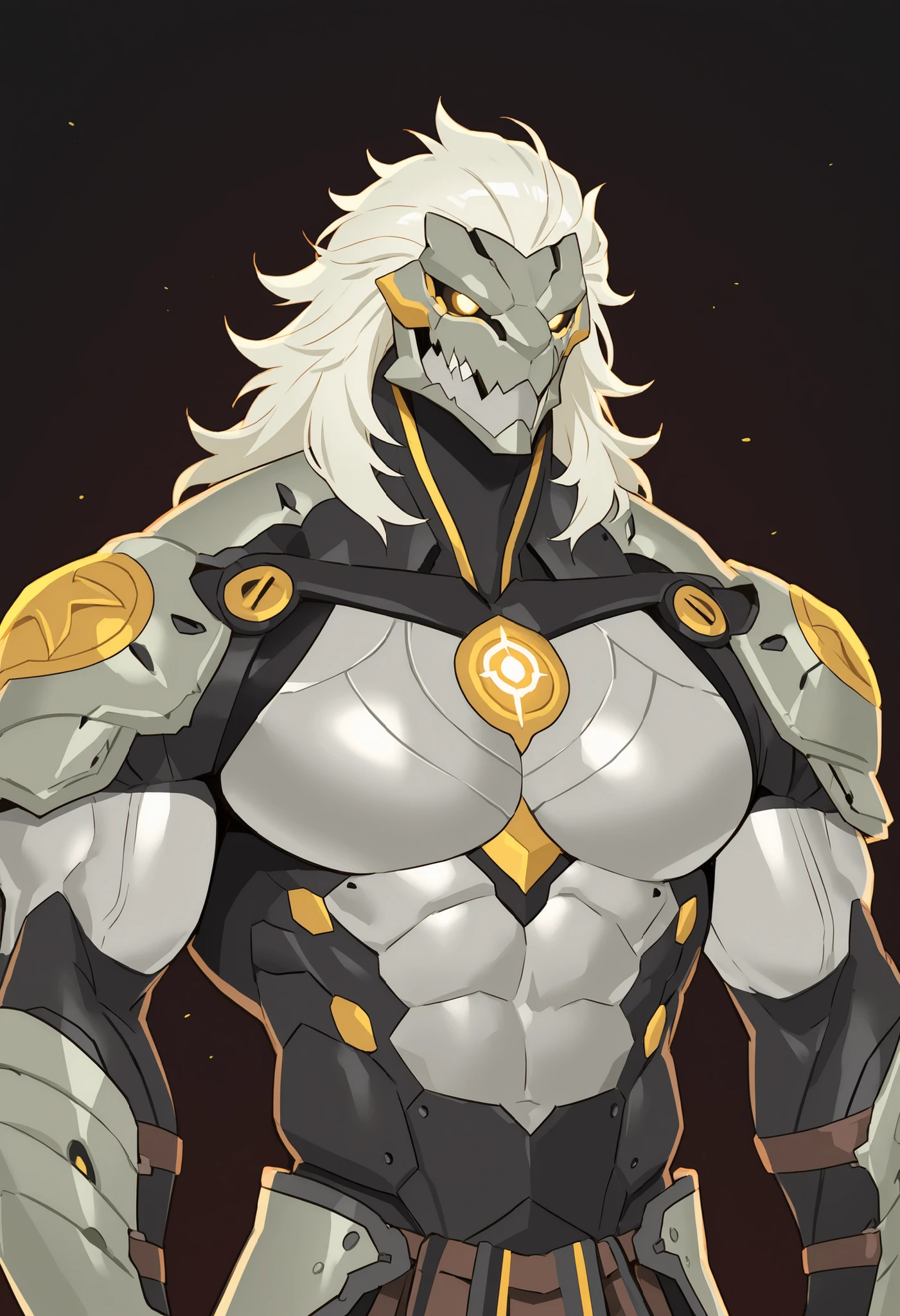 masterpiece, best quality, amazing quality, very aesthetic, humanoid warforged, dnd warforged, fantasy, short mane, detailed musculature, muscles made of wires, chest arms and legs coverd by scaly armor, balanced yet muscular physique, thick arms and legs, wide bulky chest, body is a fusion of rubber goo texture and black steel scale, muscle-shaped armor that highlights musculature, segmented armor covering muscles, mechanical detailed face, prominent jaws, simple dark background, portrait, upper body focus