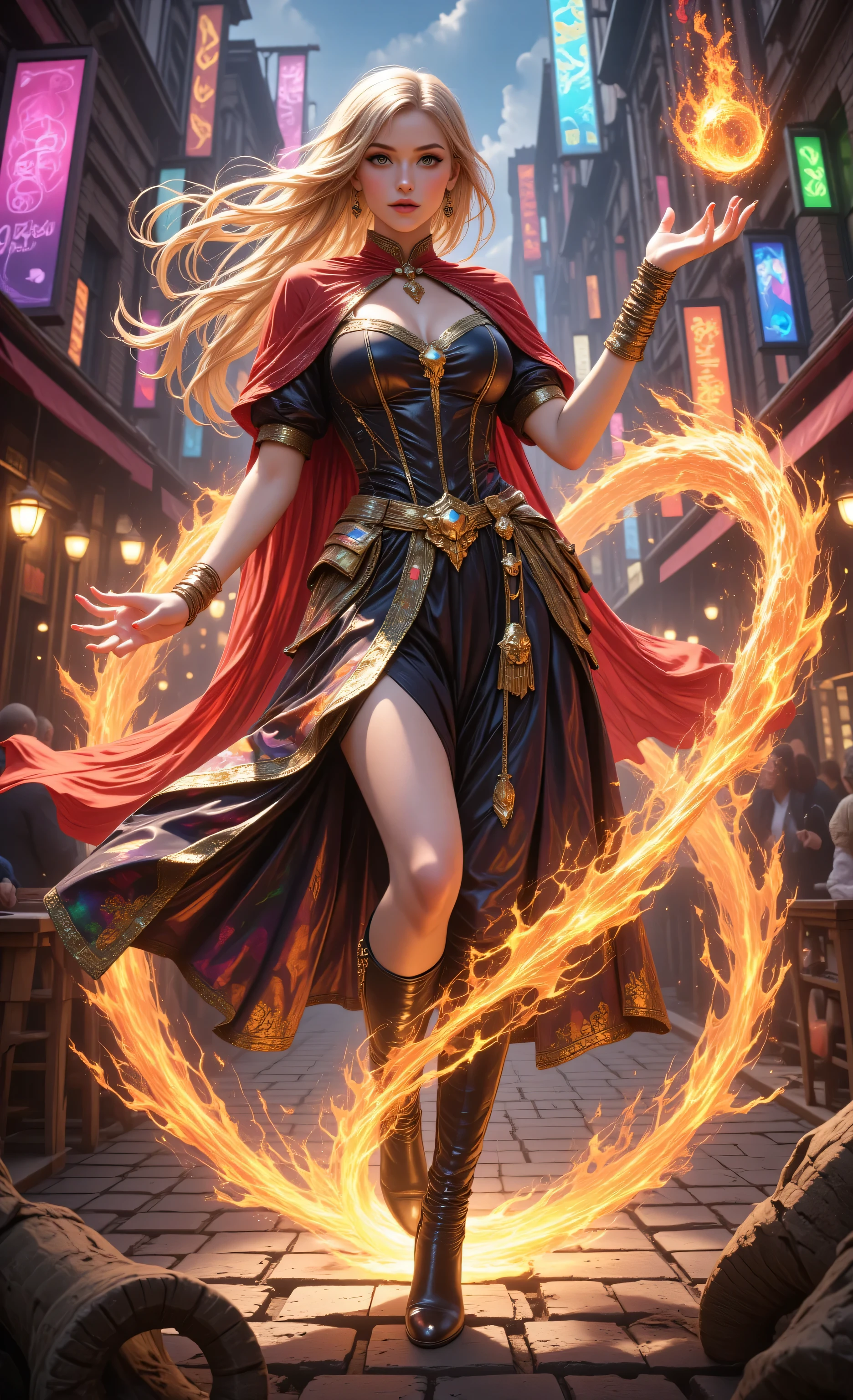 Colorful,realistic cartoon,midjourney ,,a sorceress casting a fire spell in magical festival, exquisite beautiful human woman, blond hair, long hair, dark colorful dress, intricate dress, silk dress, small cleavage, red cloak, high heeled boots, there are fire rings, and fire runes in the air, she is in a festival of magic, sunny day, high details, best quality, 16k, ultra detailed, masterpiece, best quality, (extremely detailed), full body, (ultra details, Masterpiece, best quality), fantasy art, dnd art,fantasy art, realistic art, red fire perfect face, perfect body,