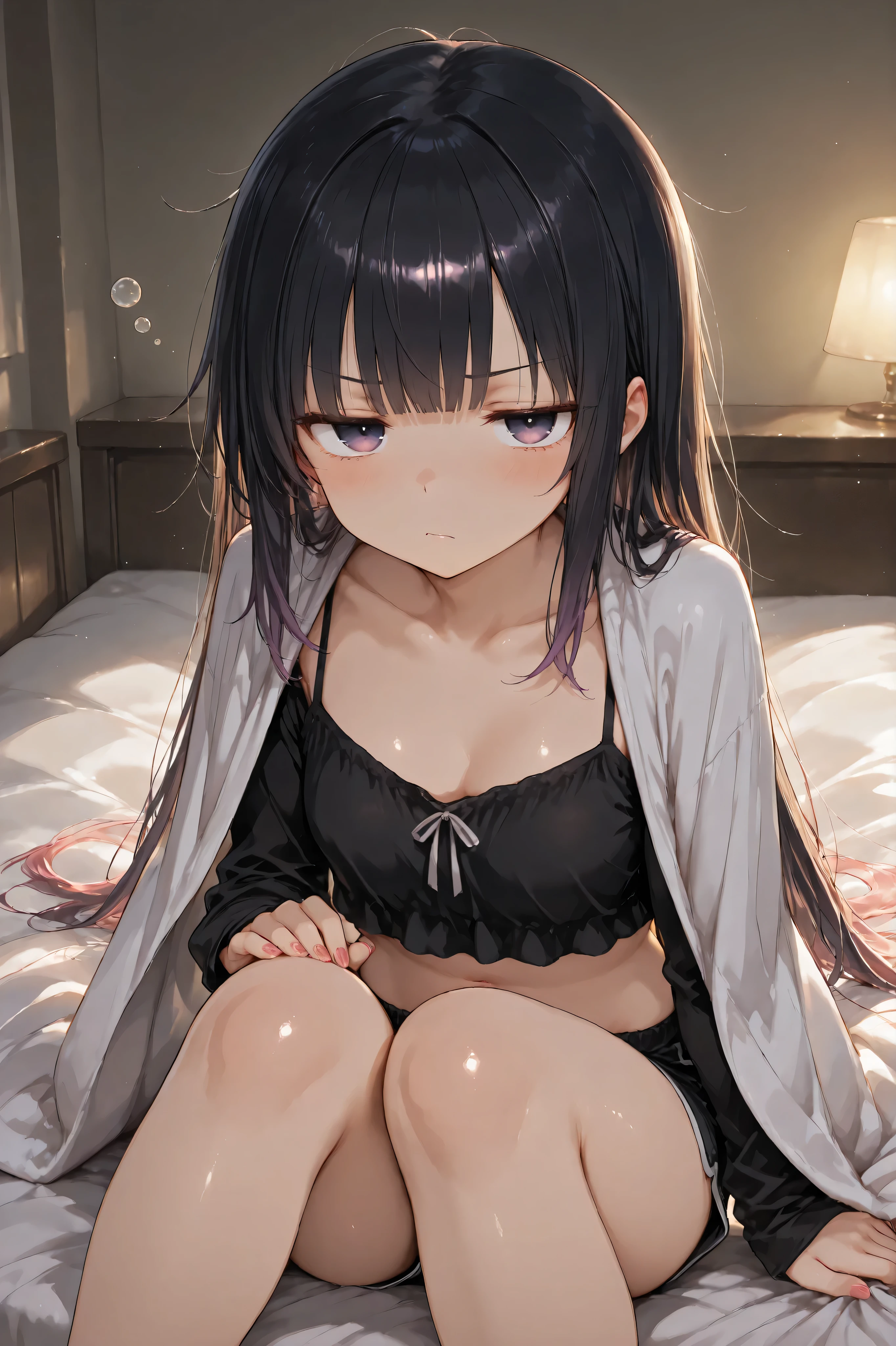 , Shiny skin, Babe, character, mikage.
masterpiece, best quality, ultra detailed, high resolution, 8k, caustics, super detailed skin perfect , dynamic lighting, elaborate eye depiction, beautiful detailed eyes, a cute anime girl.
# body.
medium-large , very slim waist, curvy figure, slender figure, soft curves, painted nails deep wine red.
# expression.
displeased expression, soft blush, glaring at viewer, sleepy mood, drowsy atmosphere.
# hair.
black hair, black to pink-purple gradient tips hair, very long loose hair, straight bangs, side tail with two pink beads.
# eyes.
jitome, purple eyes, very sharp eyes, large eyes, long eyelashes, slightly droopy sleepy eyelids.
# outfit.
black short camisole.
(thin semi-transparent long-sleeve crop top:1.4).
black short shorts with purple edging.
legs.
# pose.
sitting up half-body from bed.
(blanket draped over knees:1.3).
upper body slightly raised.
glaring toward viewer.
# background.
bedroom, soft morning light entering, muted tones, quiet waking atmosphere, faint morning haze.
# composition.
from slightly above angle, intimate close distance.
small sleepy bubble anime effects near head.
fine line art, delicate line drawing, thin outlines, clean outlines, minimal noise.