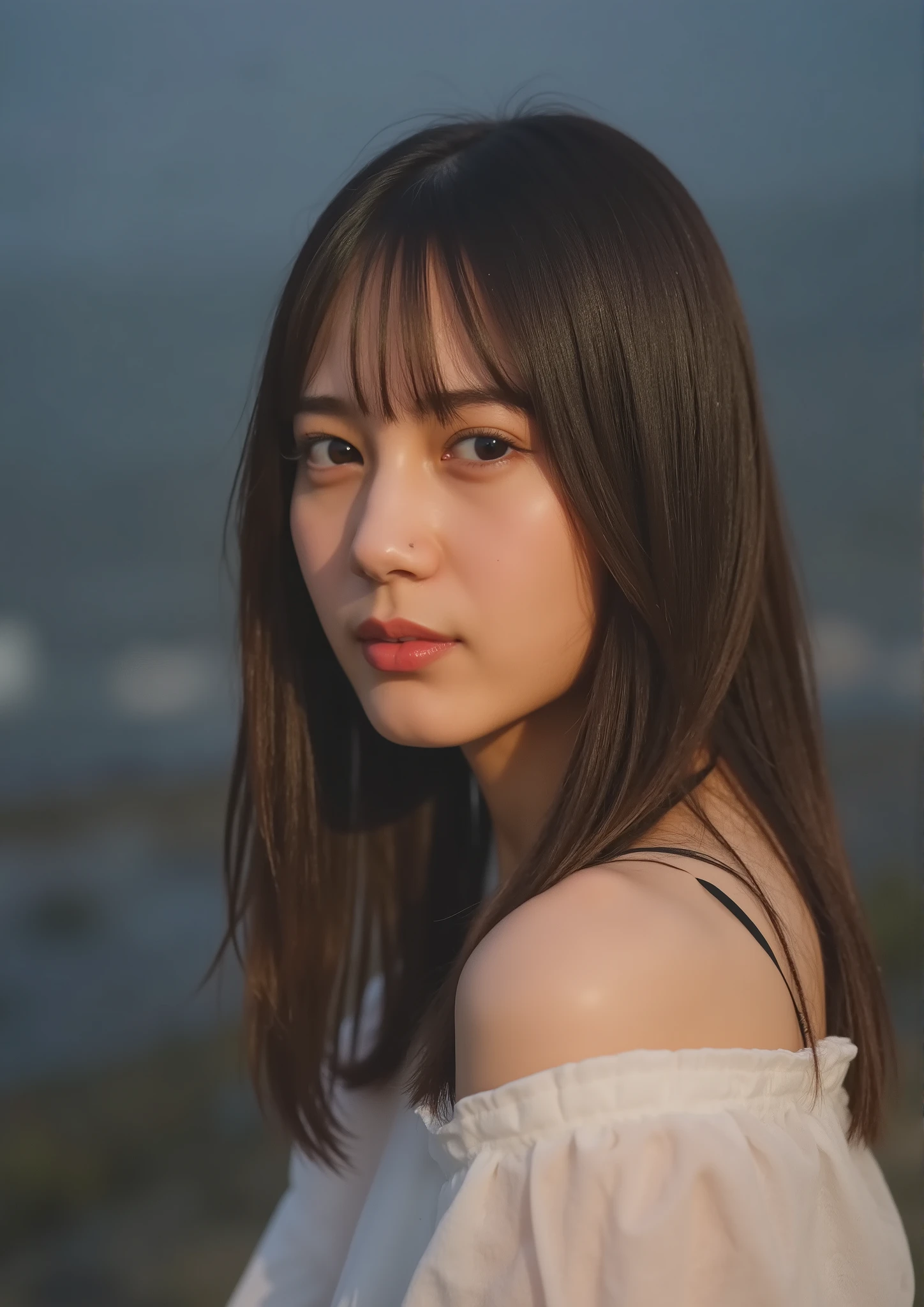 (((1girl,solo))),(very realistic picture, Hi-Res, beautiful face, Full Body,glamorous body) 、Ghost in the Shell Seems Important、Age 32、Photo book shoot、transparency、Powerful pose、gentle smile、from head to thigh on the foggy lakeside、Night View of the Big City