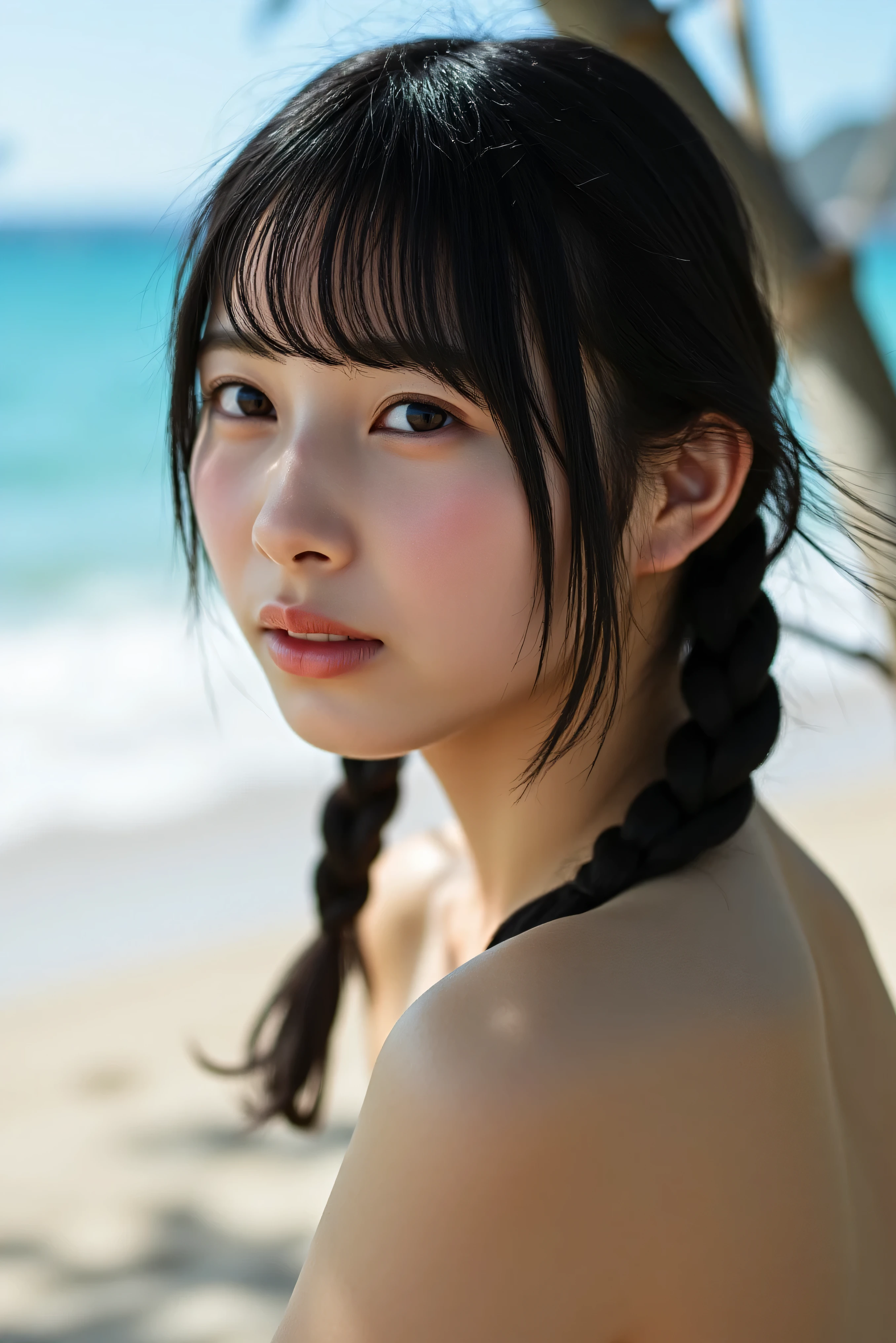 naked blue beach background wheat-colored skin freckles face Smile Yan braids nude 上半身naked