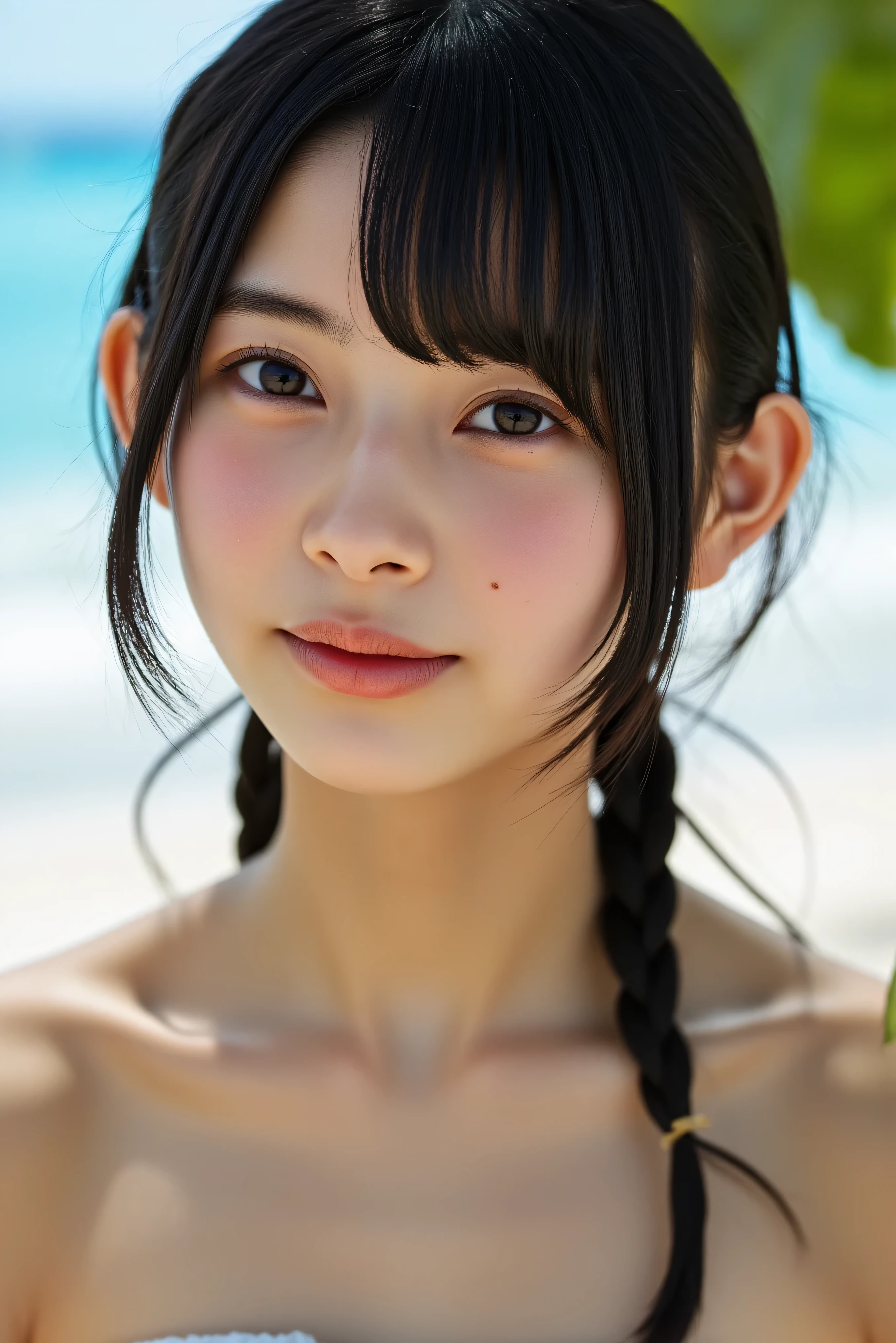 naked blue beach background wheat-colored skin freckles face Smile Yan braids nude 上半身naked