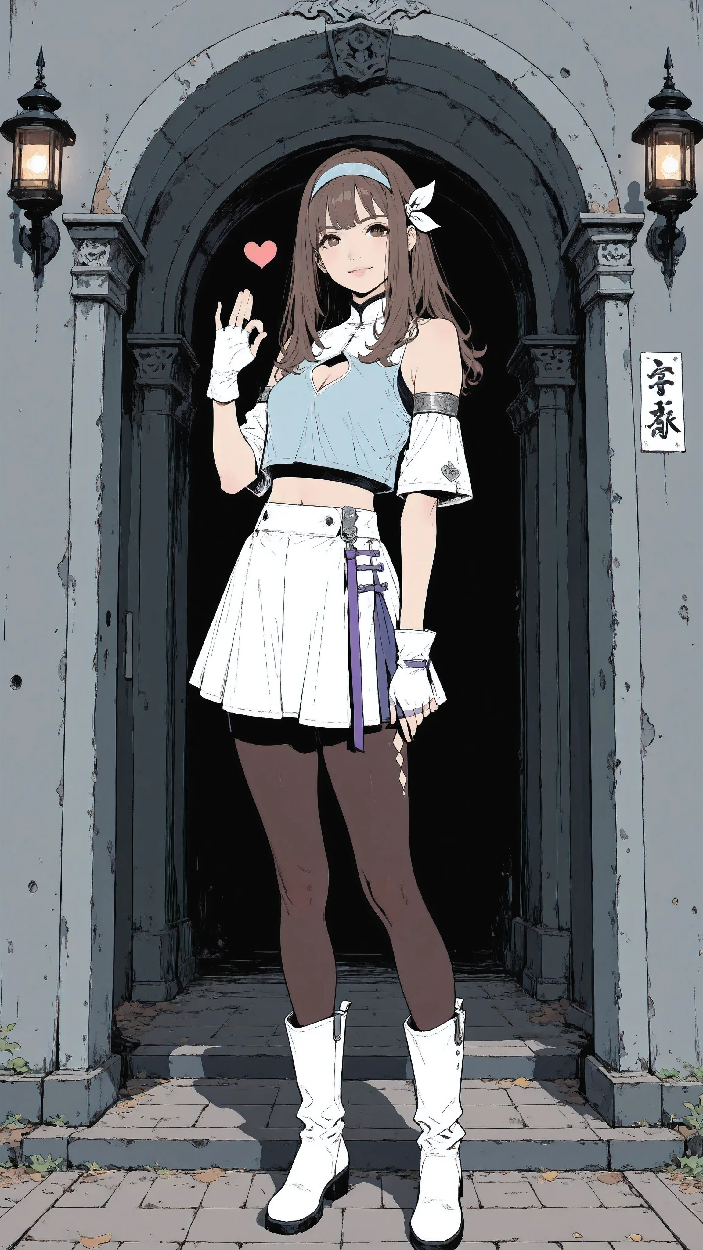 masterpiece, top quality, pastel color, clean line, FLAT COLOR, anime style, cinematic lighting, full-body studio portrait, young woman, Welcoming gesture, witch's room, There's a lantern overhead, slender build, fair skin, dark wavy shoulder-length hair, confident pose, Ouroboros mark on tights,
wearing a vibrant two-piece outfit: white crop top with heart-shaped cutout, light blue vest with white accents, light blue miniskirt with a white hem stripe, subtle glossy sheen, purple band at midriff,
sheer dark brown pantyhose, white knee-high go-go boots, light blue headband, light purple fingerless gloves, silver armband on left bicep,
background: Simple dark grey walls, soft shadows, crisp highlights,
white kanji characters displayed,
high detail, clean silhouette, well-defined textures, sharp focus, cinematic but minimalistic composition, modern fashion-photo atmosphere.