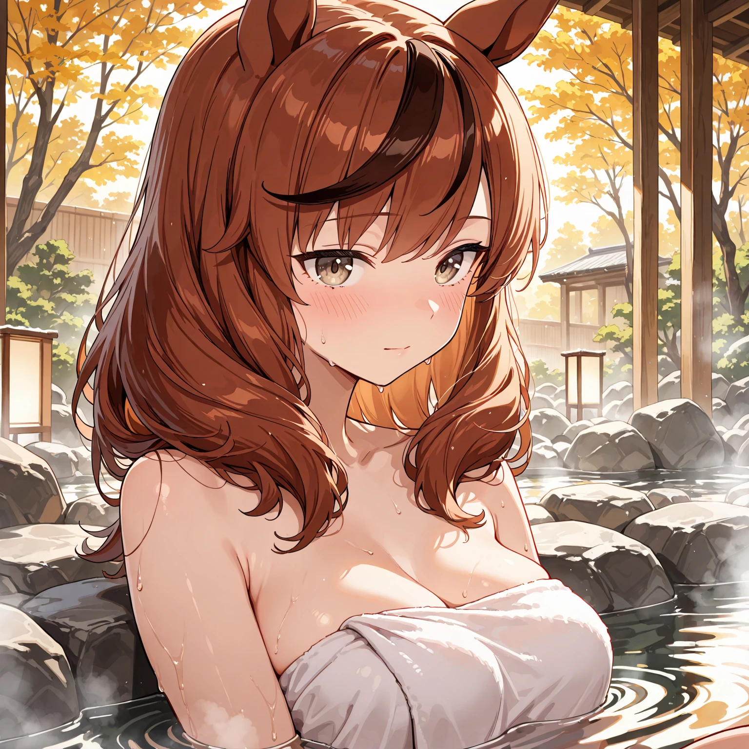 Raphtalia attractive woman 24 years old, orejas de oso, red eyes like rubies, sonrisa confiada, cabello rubio con reflejos, pecho grandes ,  bathing in a lake, cuerpo mojado, gotas de agua en su pecho, , pose , pechos enormes. pechos enormes. pechos gigantes. facing the camera focus on her .