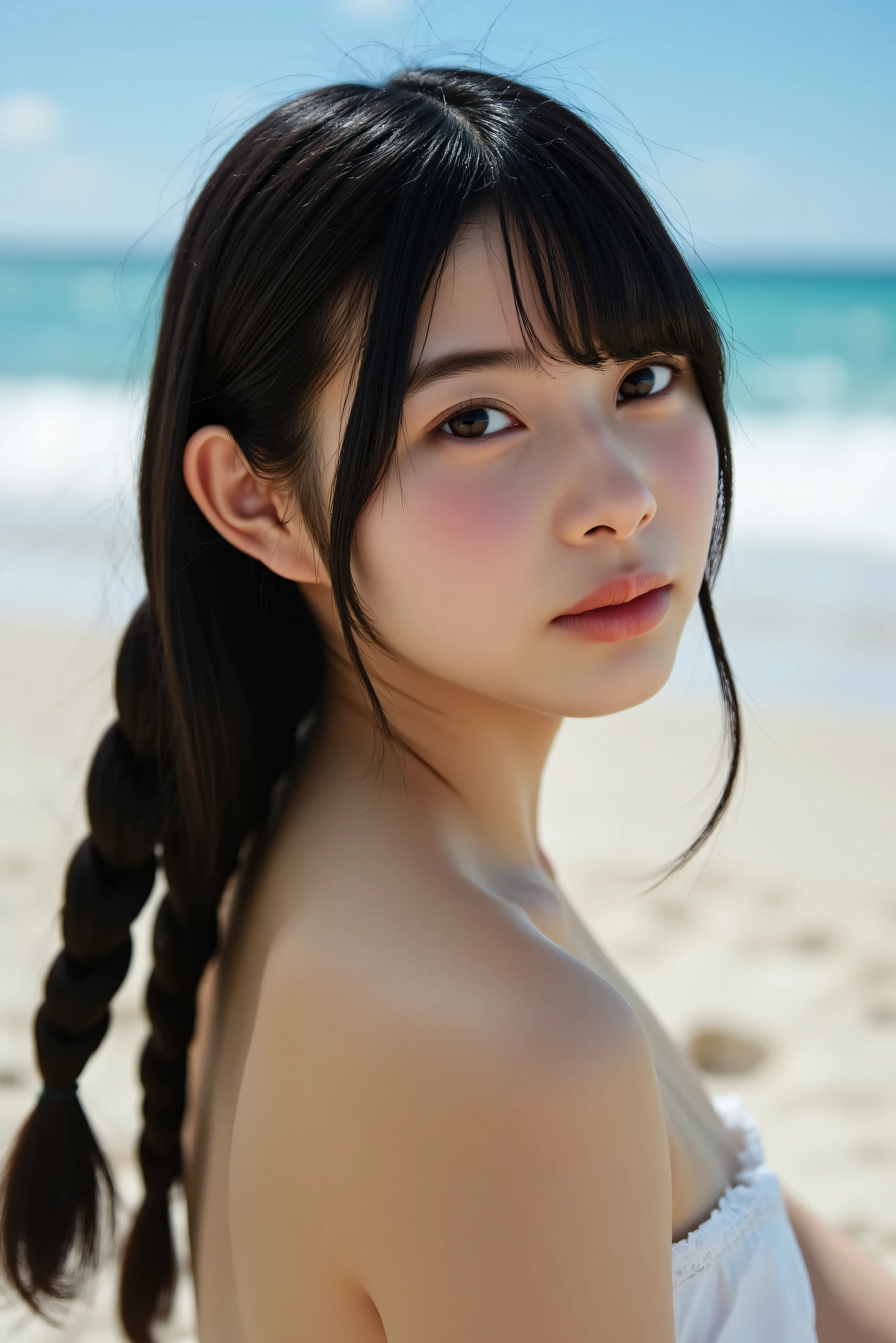 naked blue beach background wheat-colored skin freckles face Smile Yan braids nude 上半身naked