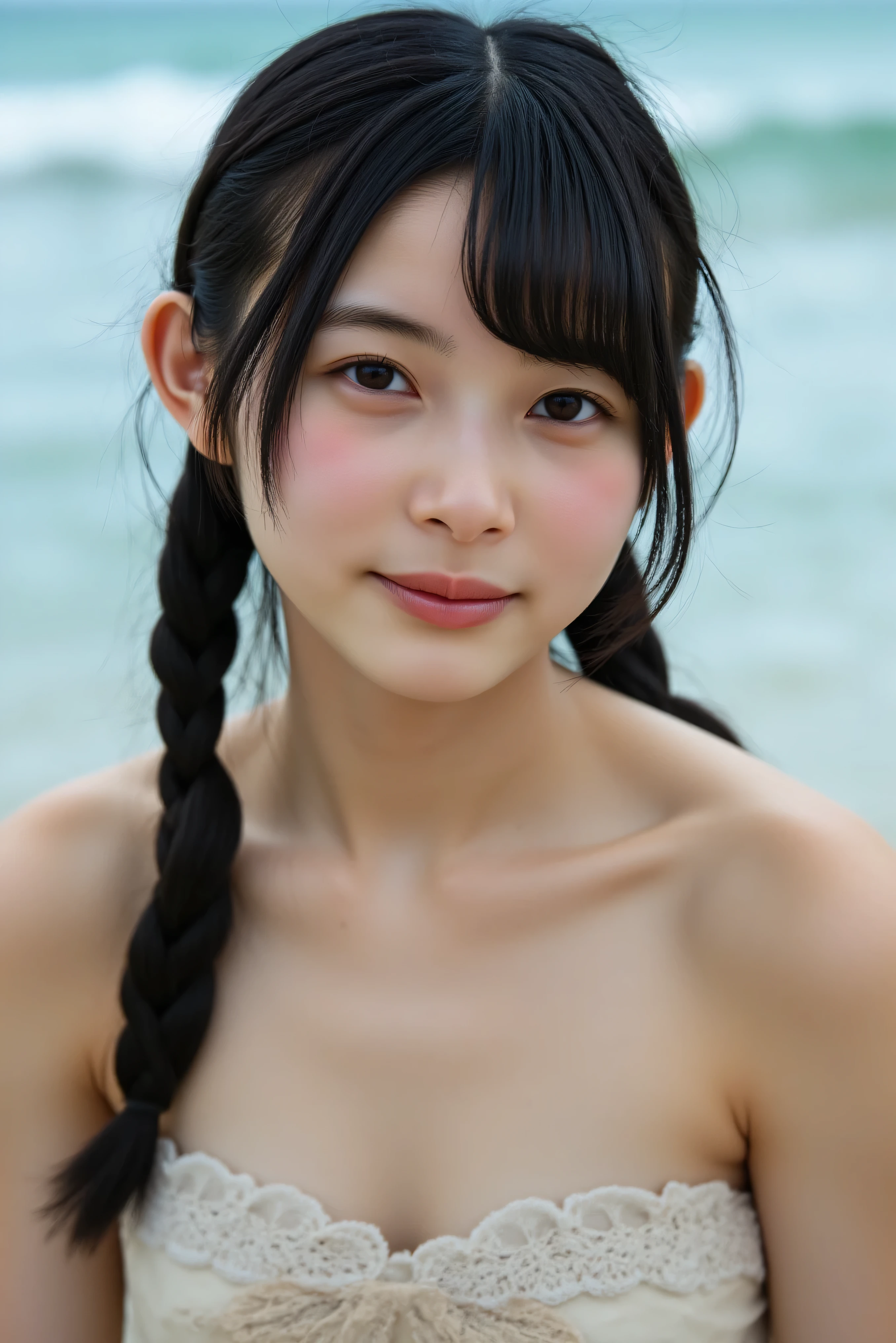 naked blue beach background wheat-colored skin freckles face Smile Yan braids nude 上半身naked