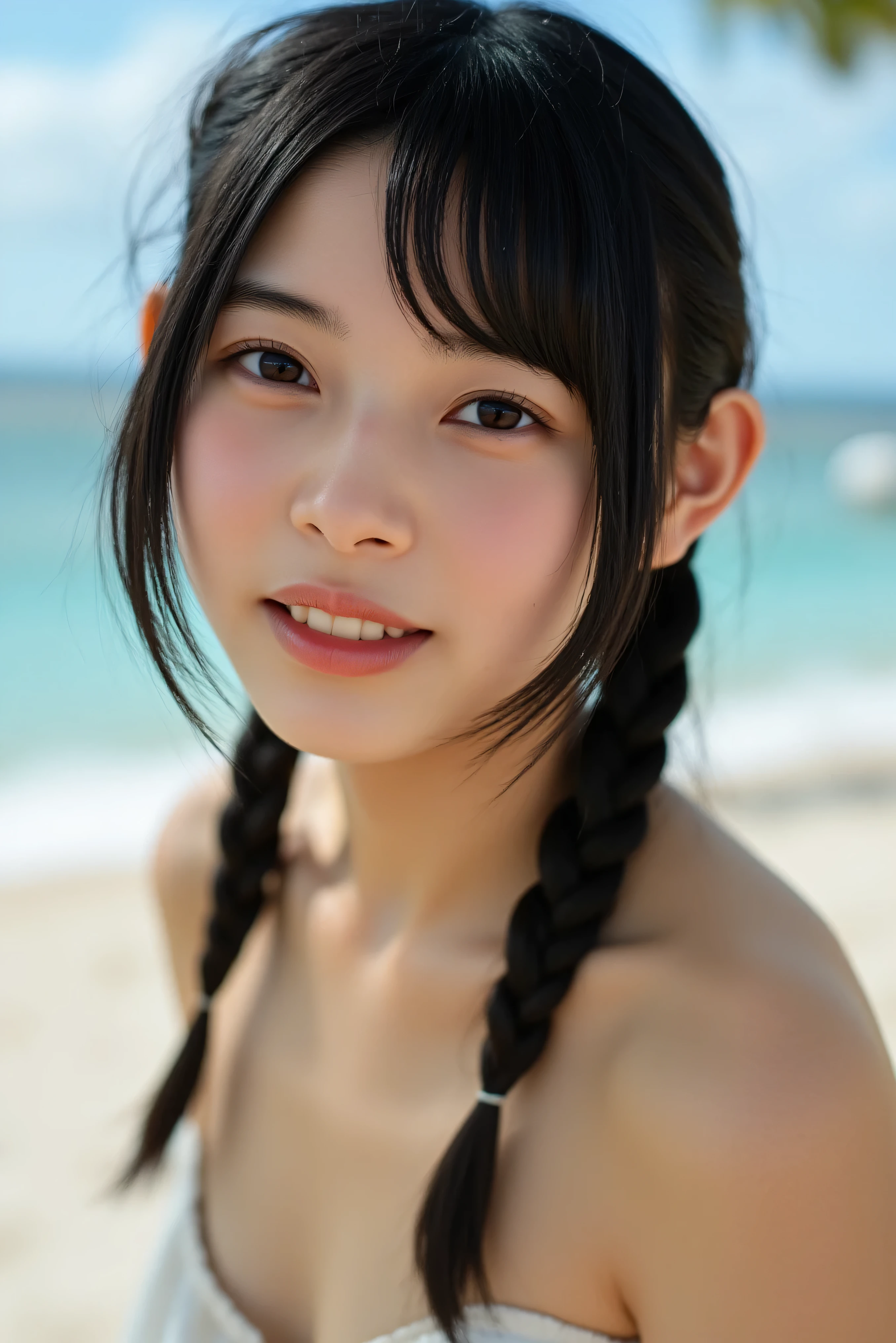 naked blue beach background wheat-colored skin freckles face Smile Yan braids nude 上半身naked