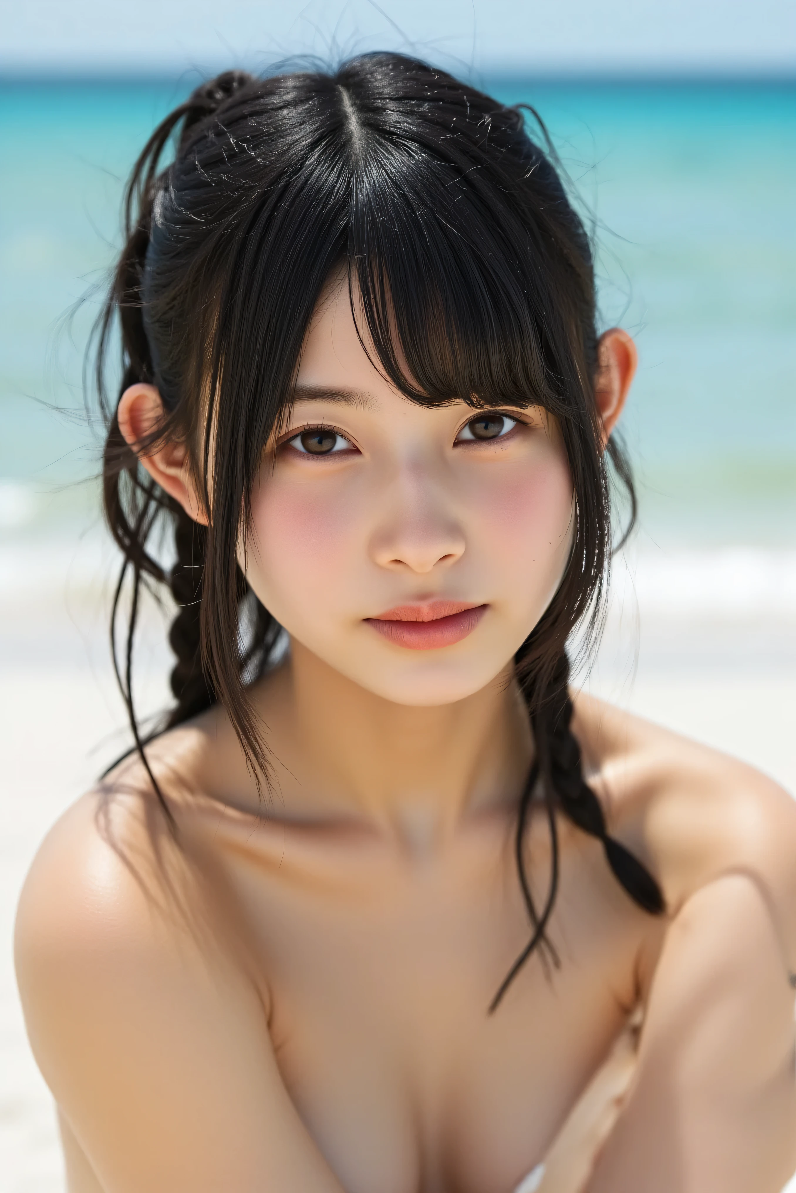 naked　blue beach background　wheat-colored skin　freckles　face　Smile Yan　braids　nude　上半身naked