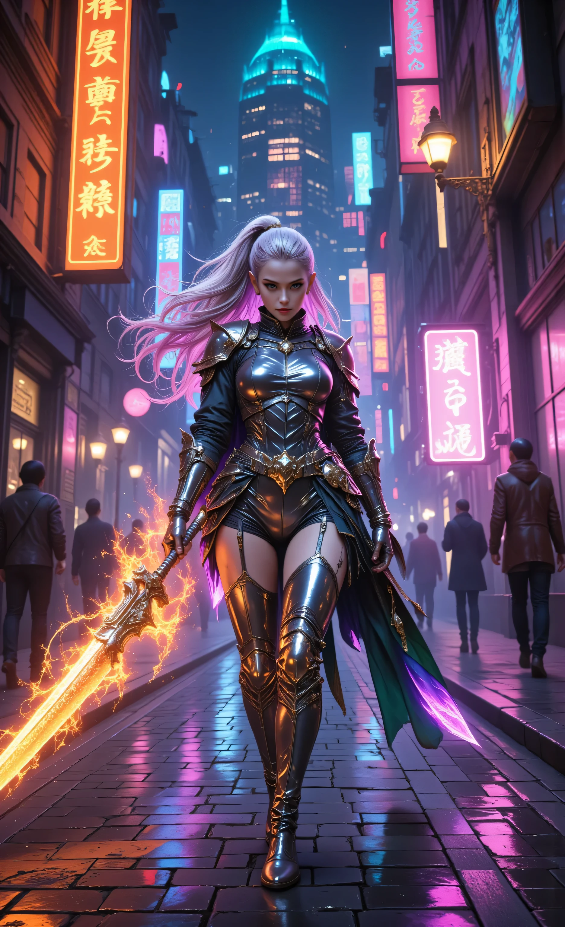 Elf warrior brandishing a glowing sword advances through a bustling magical cityscape as neon signs flicker and illuminate the cobblestone path. she cast rays of magic energy then she she fired the rays and then there is a twilight light around her in many colorful shades of orange, purple, red, yellow, and blue