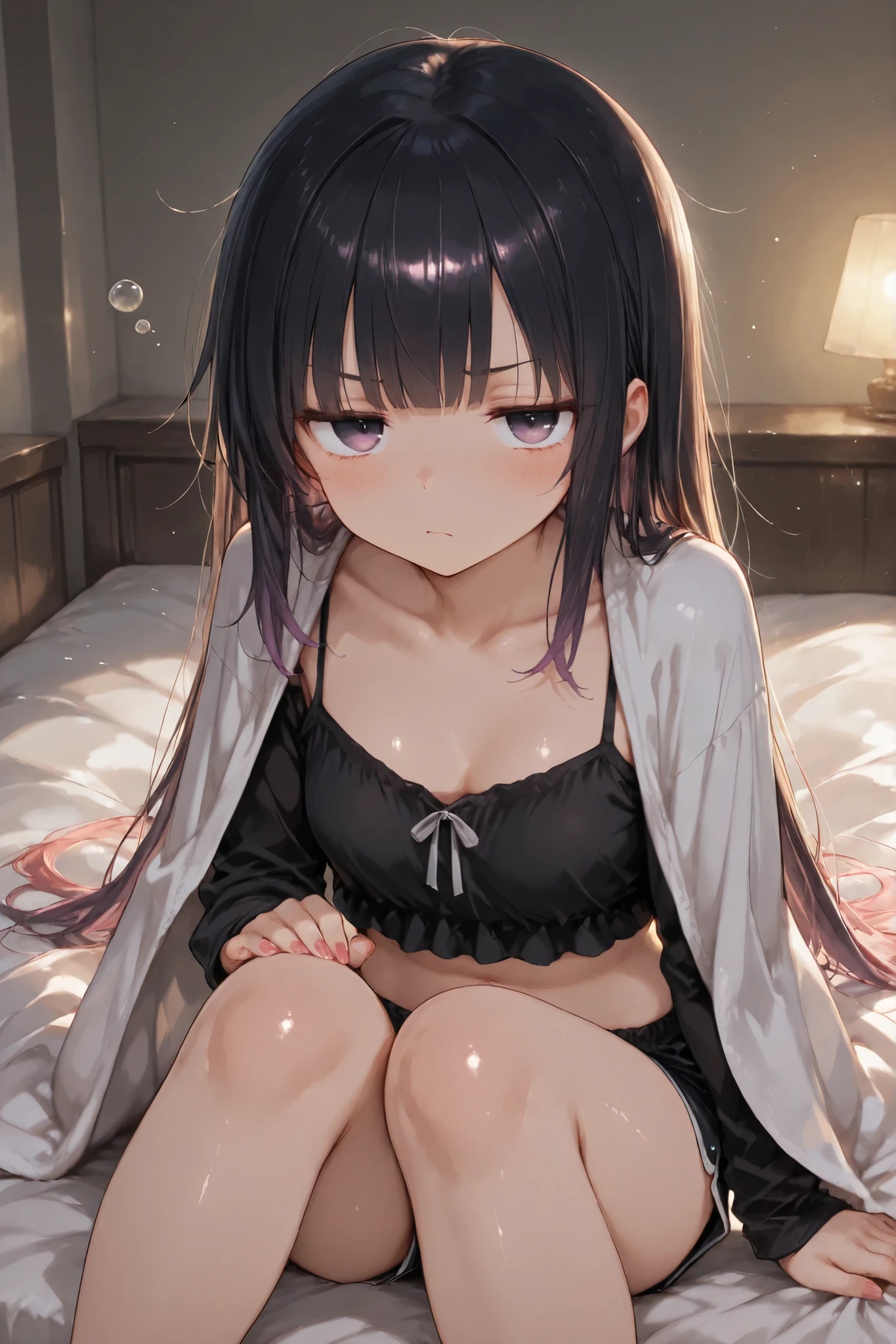 , Shiny skin, Babe, character, mikage.
masterpiece, best quality, ultra detailed, high resolution, 8k, caustics, super detailed skin perfect , dynamic lighting, elaborate eye depiction, beautiful detailed eyes, a cute anime girl.
# body.
medium-large , very slim waist, curvy figure, slender figure, soft curves, painted nails deep wine red.
# expression.
displeased expression, soft blush, glaring at viewer, sleepy mood, drowsy atmosphere.
# hair.
black hair, black to pink-purple gradient tips hair, very long loose hair, straight bangs, side tail with two pink beads.
# eyes.
jitome, purple eyes, very sharp eyes, large eyes, long eyelashes, slightly droopy sleepy eyelids.
# outfit.
black short camisole.
(thin semi-transparent long-sleeve crop top:1.4).
black short shorts with purple edging.
legs.
# pose.
sitting up half-body from bed.
(blanket draped over knees:1.3).
upper body slightly raised.
glaring toward viewer.
# background.
bedroom, soft morning light entering, muted tones, quiet waking atmosphere, faint morning haze.
# composition.
from slightly above angle, intimate close distance.
small sleepy bubble anime effects near head.
fine line art, delicate line drawing, thin outlines, clean outlines, minimal noise.