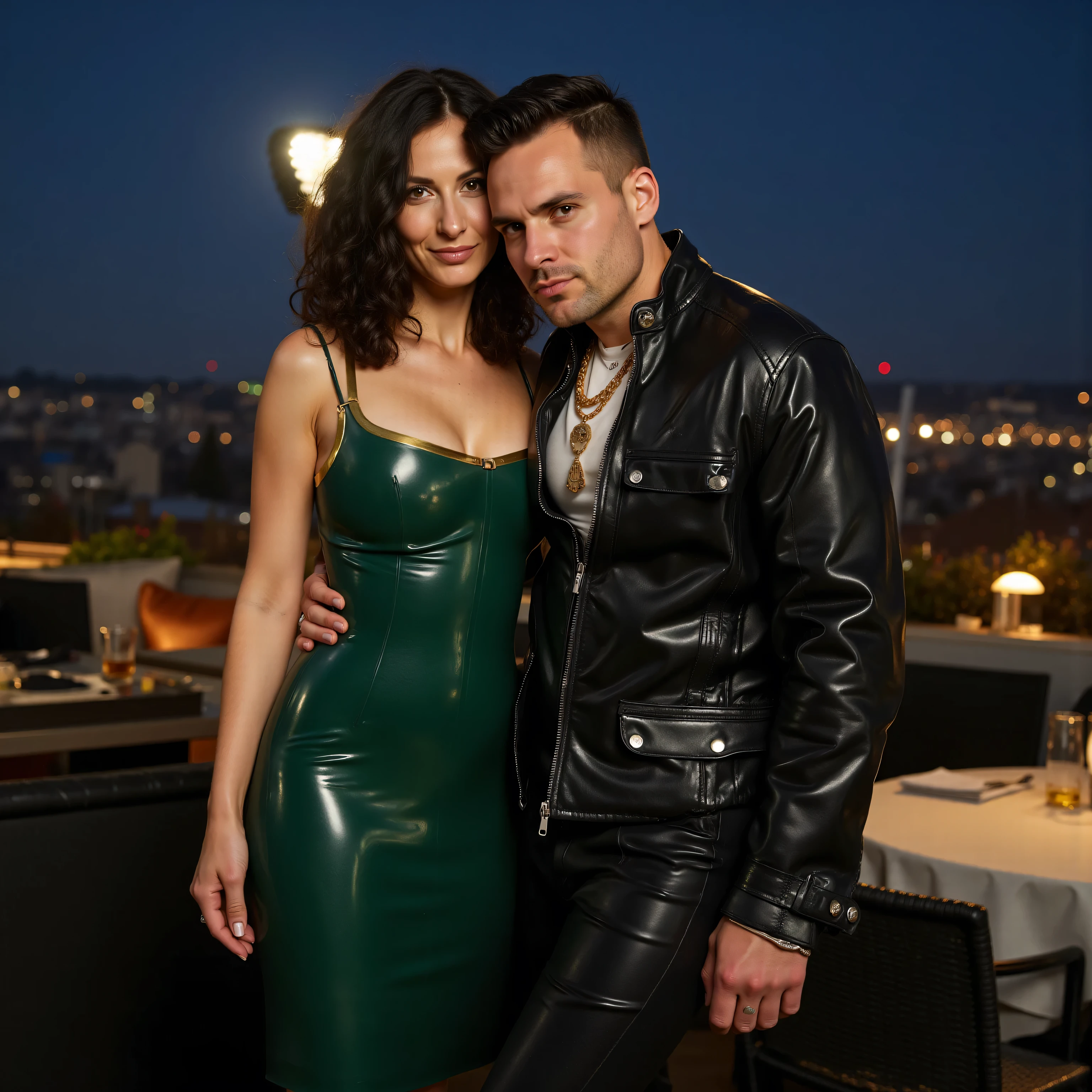 A sophisticated couple in their 40s embracing under the moonlight, the woman wearing a sleek emerald green latex dress with gold accents, her medium-length black hair styled in soft waves, the man in a tailored black leather jacket with silver details, standing on a rooftop terrace with panoramic city views, overlooking a baseball stadium, with dinner tables, rooftop buffet