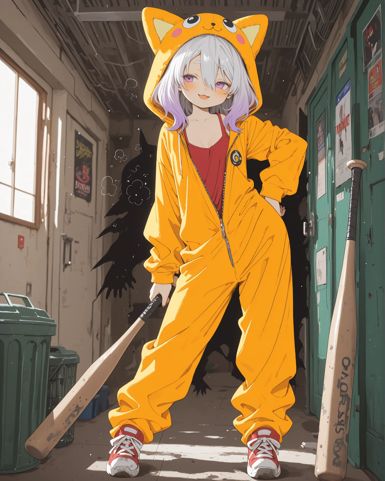 ((Abara Heiki style)), ((Masterpiece)), ((best quality, amazing quality)), ((very aesthetic, absurdres, newest)),  ((detailed background, negative space, blurry background, depth of field, Asymmetrical background)), ((heavy screentone, crosshatching)), ((high contrast backlighting, sharp shadow edges, high contrast body outline)), ((1girl, solo)), Cute young Girl, (Healthy Gaunt body, Textured skin, small , cleavage, tilt head), (pale purple eyes, gradient eyes, averting eyes, looking at side), platinum-gold hair, (hair between eyes, long bangs, long side bangs), gradient hair, blue color Hair Tip, (medium hair), ( smile), open mouth, :3, blush, blush, Open mouth, Thin and short eyebrows, troubled eyebrows, fuzzy Cat ears, (cute cheeks), glossy lips, pouty lips, (lower eyelashes), BREAK,  (cute fuzzy onesie, foamy onesie,  stained onesie, slightly unzipped onesie, orange color onesie, slightly exposed cleavage,  onesie), sweat stains, red high-top sneakers slightly worn, ((contrapposto on the mysterious basement room, , The scene is lit with greenish tint)), (Bent and Dented baseball bat in one hand, single baseball bat,  bat), overhead exposed pipes and wires, closed door, rusted metal door covered with torn peeling posters and graffiti, large industrial trash cans, umbrella rack, wet concrete floor with puddles reflecting cyan light, aged floor, (dramatic low-key lighting, strong cyan-green rim light from unseen neon sign), (deep shadows, high contrast, film grain), gritty, melancholic, post-apocalyptic atmosphere, dust particles in air, 