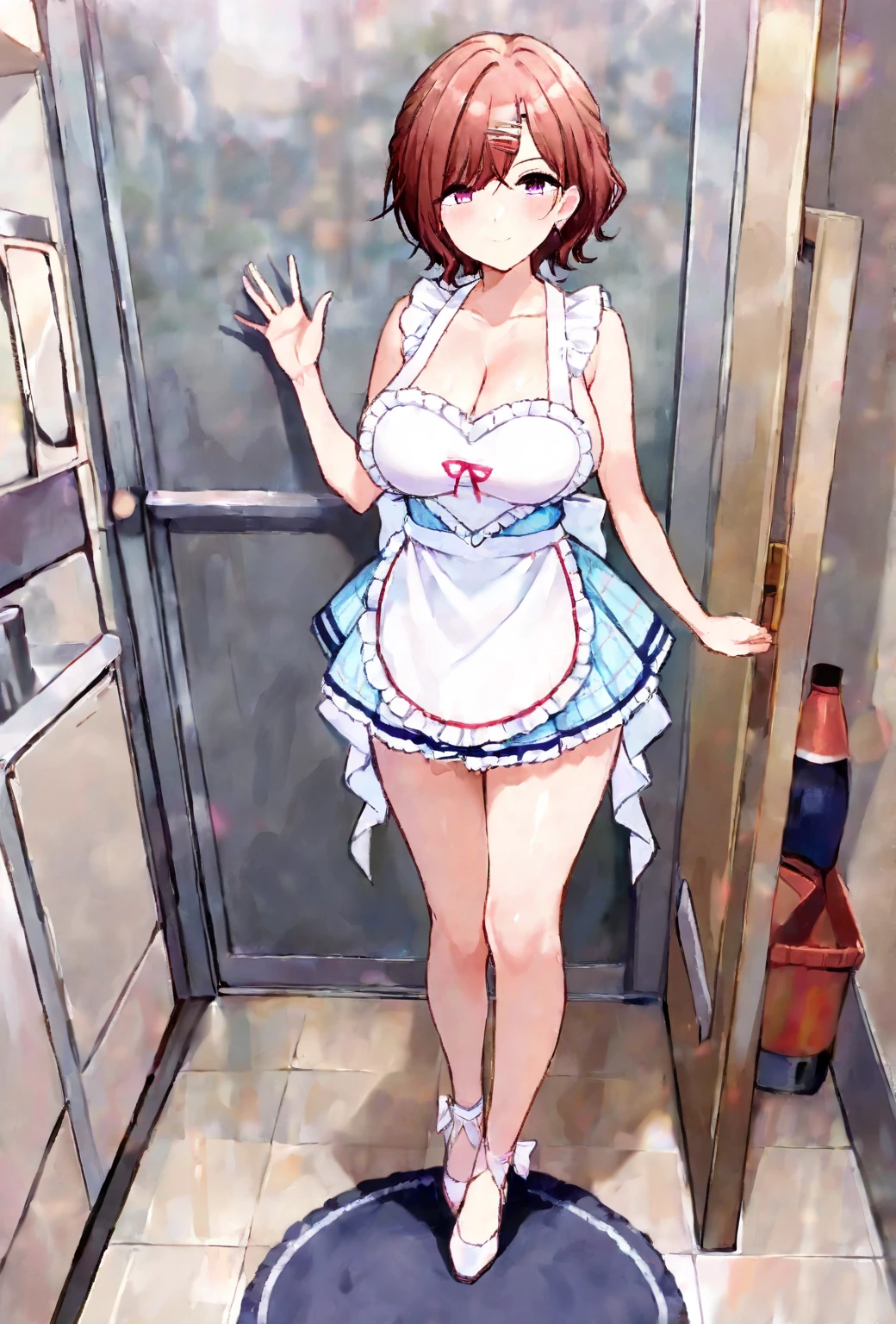 4K，One Girl, MS. end，thin，Very short stature，Very thin thighs，Blunt bangs，Short dress shirt, Half sleeves，Red Suspender ，blush, smile, Bobcut, Black Hair，Vibrant colors, ，A lot of  drips down her thighs onto the floor，(remote_play))，remote-vibrating-egg，((Someone else's hand holding a pink round remote control:1.3))、Ecstatic expression，Accurate and detailed female fingers，,blush