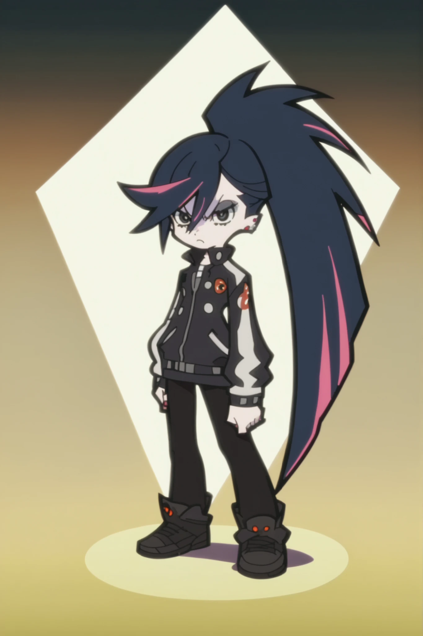 p&s style, screencap, anime, score_10, flat colors, woman, pale skin, black eyes, black hair, frowning, long ponytail hair, goth jacket, black leggings, front view, full body