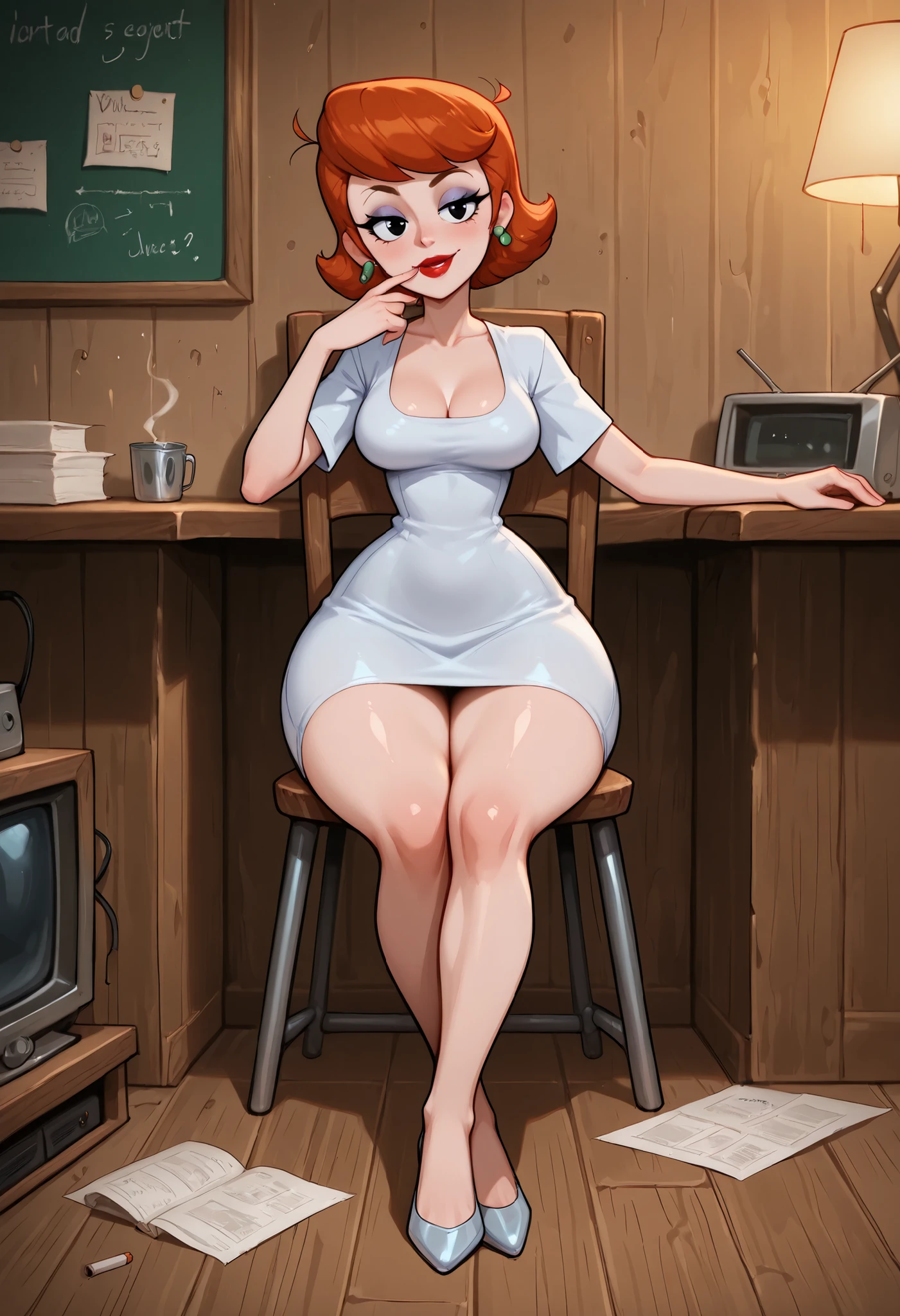 dextersmom, mature female, short hair, slightly curly hair, ginger, black eyes, big eyes, long eyelashes, , rounded , narrow waist, thick thighs, huge , fair skin, thin hands, earrings, makeup, red lips, lipstick.| A covert secret base hidden in plain sight. Dimly lit room with rough concrete walls and a utilitarian vibe. In the center — a worn wooden table with an old CRT TV on top, flickering with static. Next to it, a simple chair with a person lounging in a long, slightly frayed terry robe. On the table: an ashtray overflowing with cigarette butts, a clutter of papers. On the wall — a bulletin board covered with pinned photos, maps, and scribbled notes connected by red strings. Mood: clandestine, slightly shabby, with a touch of eccentric charm. Warm amber lighting, high detail, realistic textures, cinematic composition.