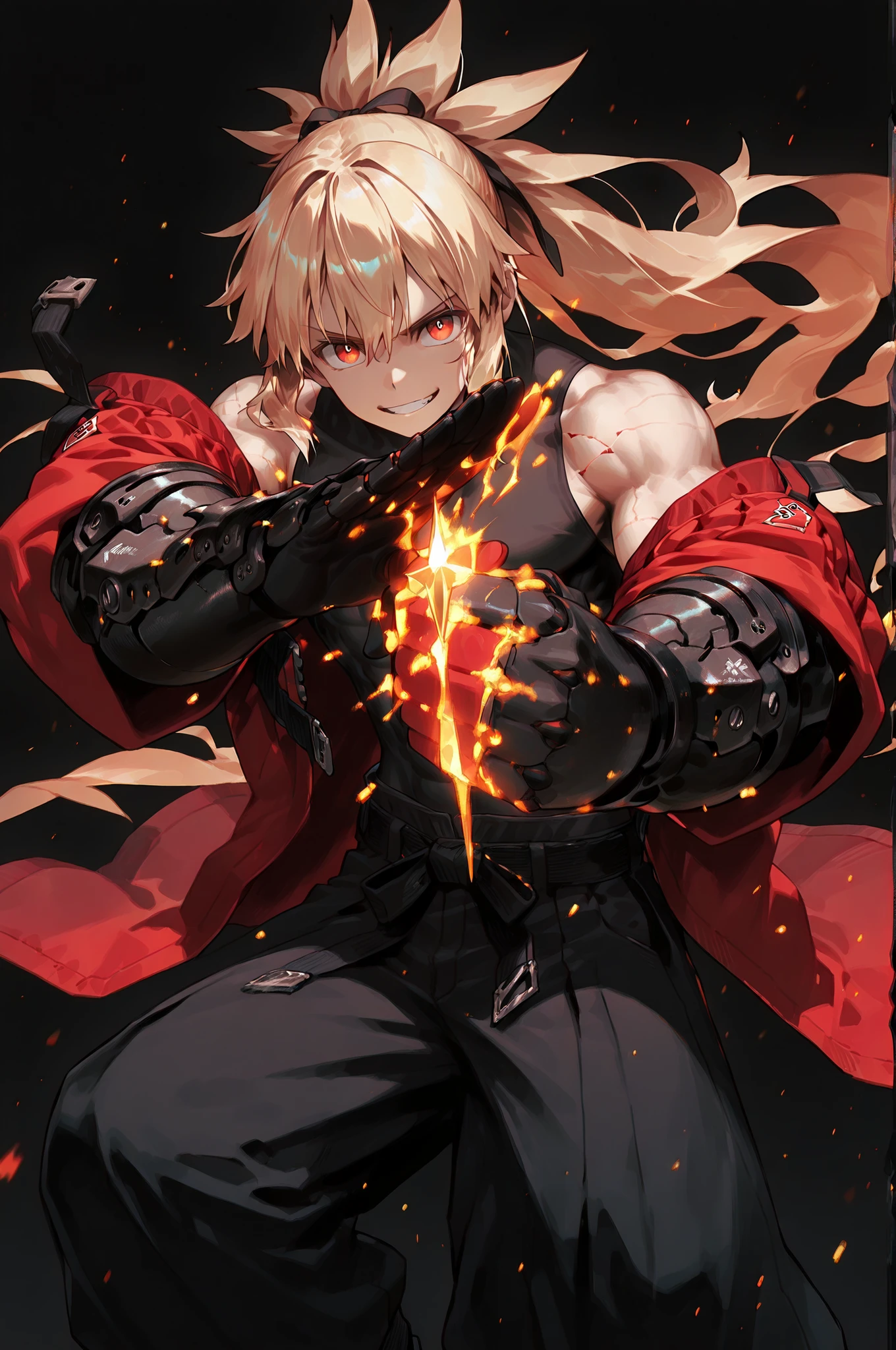 Alone, 1 boy, a solitary male character, a young teenager approximately 1.8 meters tall. He is alone against a deep black background, which makes him stand out intensely. His physique is that of a young teenager with an athletic build.
He has long, blond hair tied in a long ponytail, like Kawakami Gensai's from Fate/Grand Order. His hair is styled in the Shikei style. His face resembles Dante's (but youthful). His eyes are striking and beautiful orange. He smiles confidently.
Clothing and accessories:
He leaves his chest and abdomen exposed, as he wears no shirt or any clothing on his upper body.
The most striking feature is his red military coat with red details and lining—identical in every detail to the Enterprise coat, which he wears tied around his waist. He doesn't actually wear the coat; he ties it around his waist. He wears black military trousers and boots.
He doesn't wear the coat on his body. Shoulders, arms, and abdomen are exposed. The coat is tied around his waist.
Pose and expression:
Black background, confident pose, athletic and tall body. He is a young man wearing black metal gauntlets that go up to his elbows. The gauntlets appear to be made of black stone and are cracked; white energy seems to radiate through the cracks.
He is in a battle pose, as if he is about to throw a punch.
Atmosphere and style:
Youthful energy. Ultra-detailed, sharp, and clean anime style. Deep black background with cinematic lighting emphasizing his muscles and powerful aura. Perfect image, perfect skin, perfect eyes, perfect anatomy. Shikei style.
The character is a boy. Male chest, male chest, male chest. The image focuses more on the character's face and doesn't show much of his body. The character is a boy. Male chest, male chest, male chest, male chest.