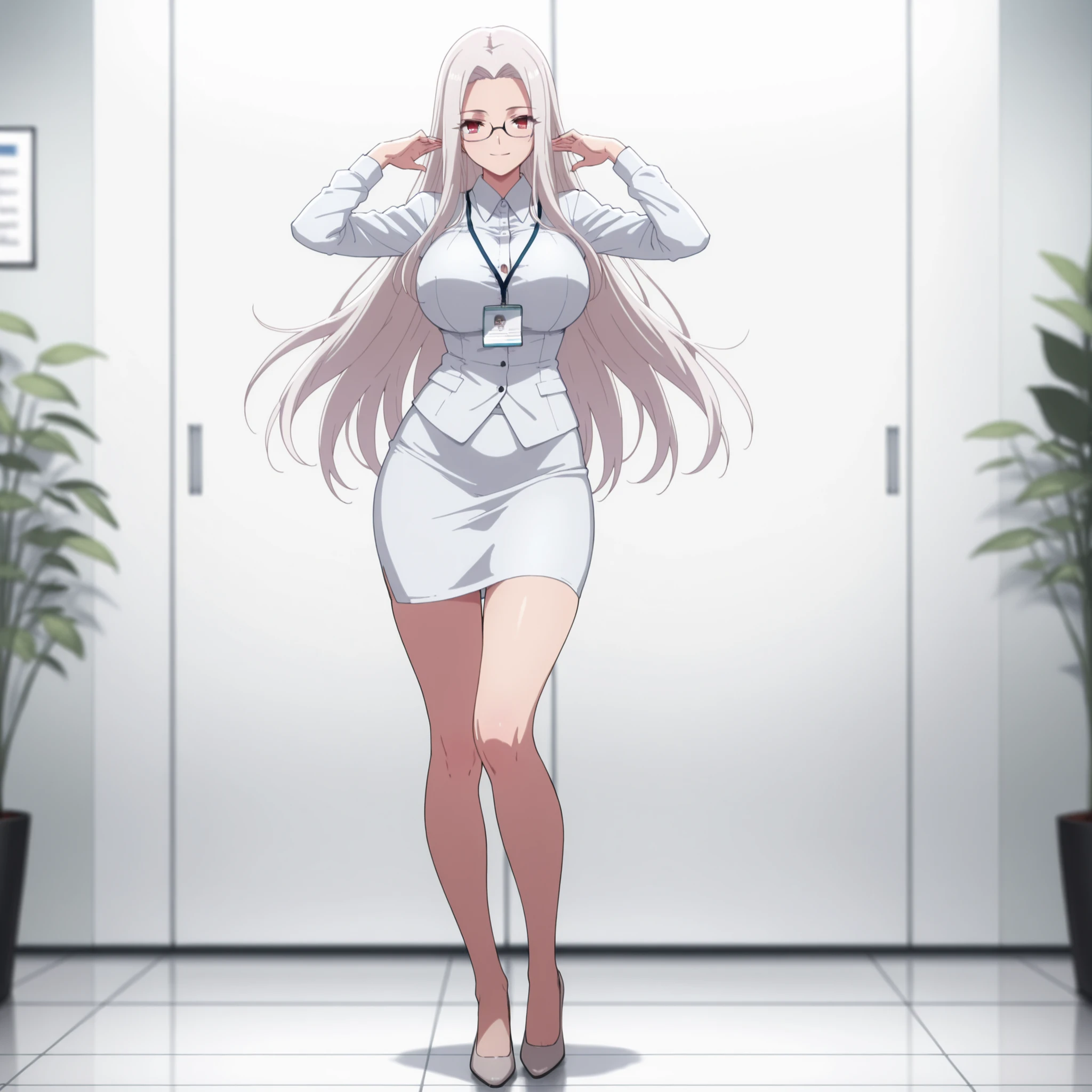 4k,masterpiece, highly detailed,solo, woman, voluptuos body, , soft smile, red eyes, tight office outfit ,glasses, front shot, full body pose,